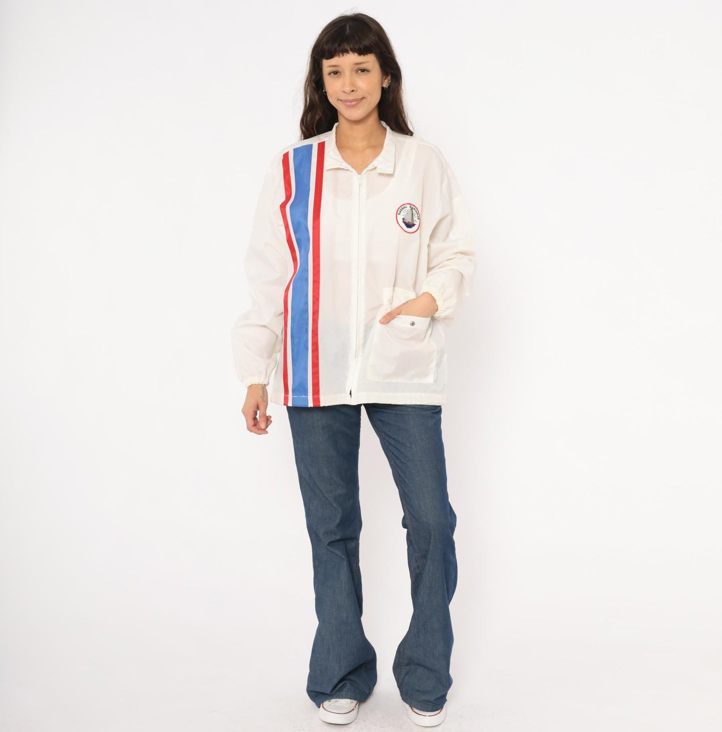 80s Club Nautique Windbreaker White Nylon Nassau Bahamas Sailing Patch Medium