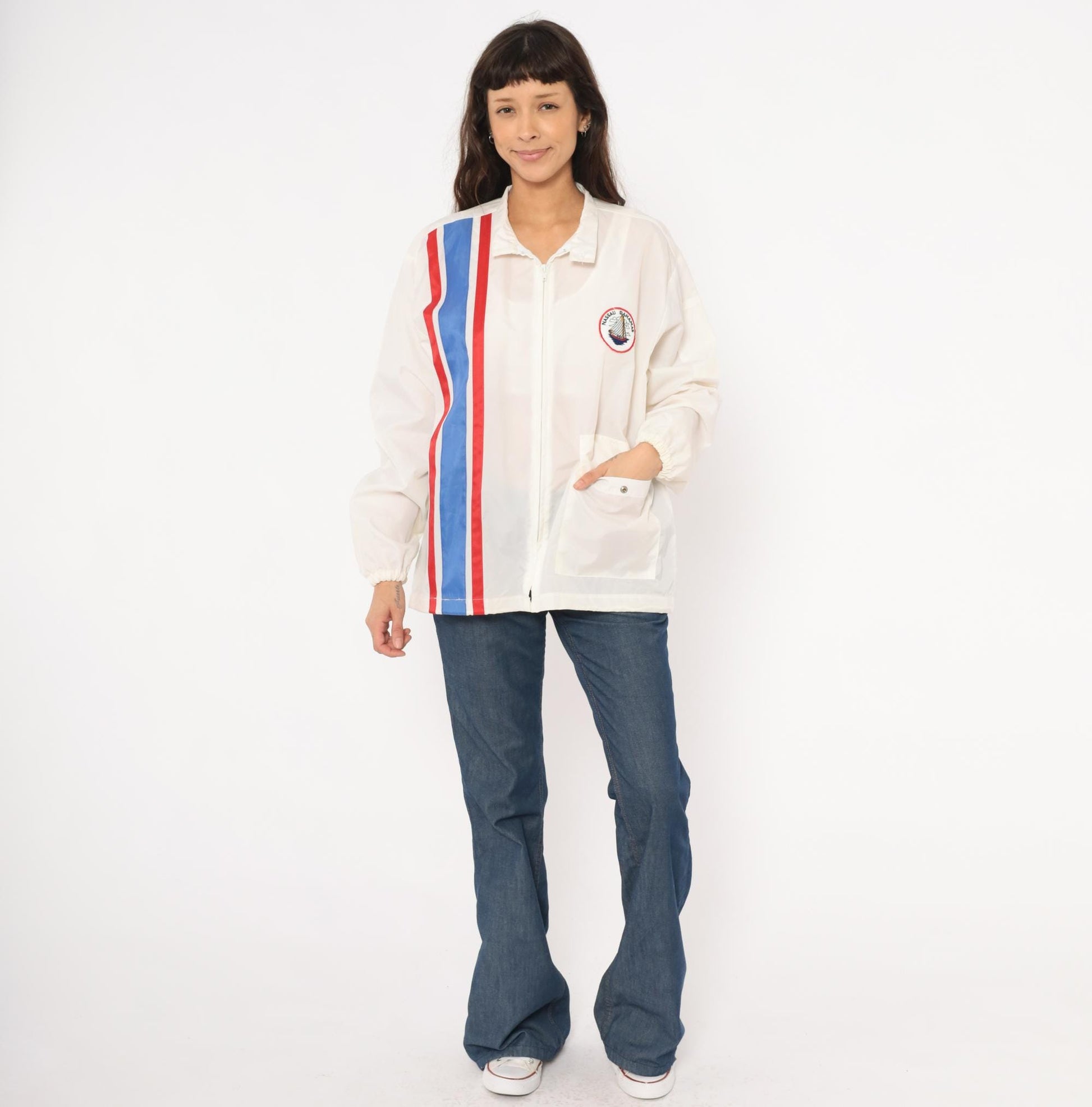 80s Club Nautique Windbreaker White Nylon Nassau Bahamas Sailing Patch Medium