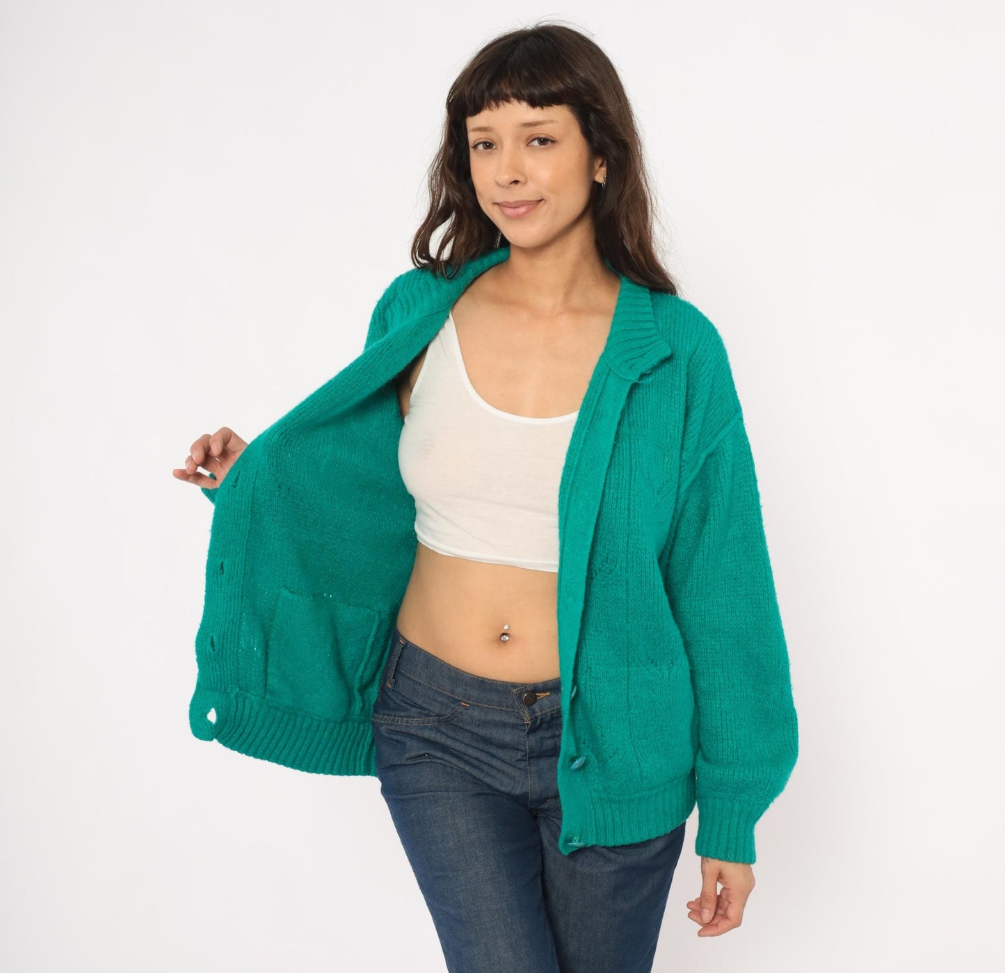 90s Astri Teal Mohair Cardigan Leaf Cable Knit Bomber Medium M