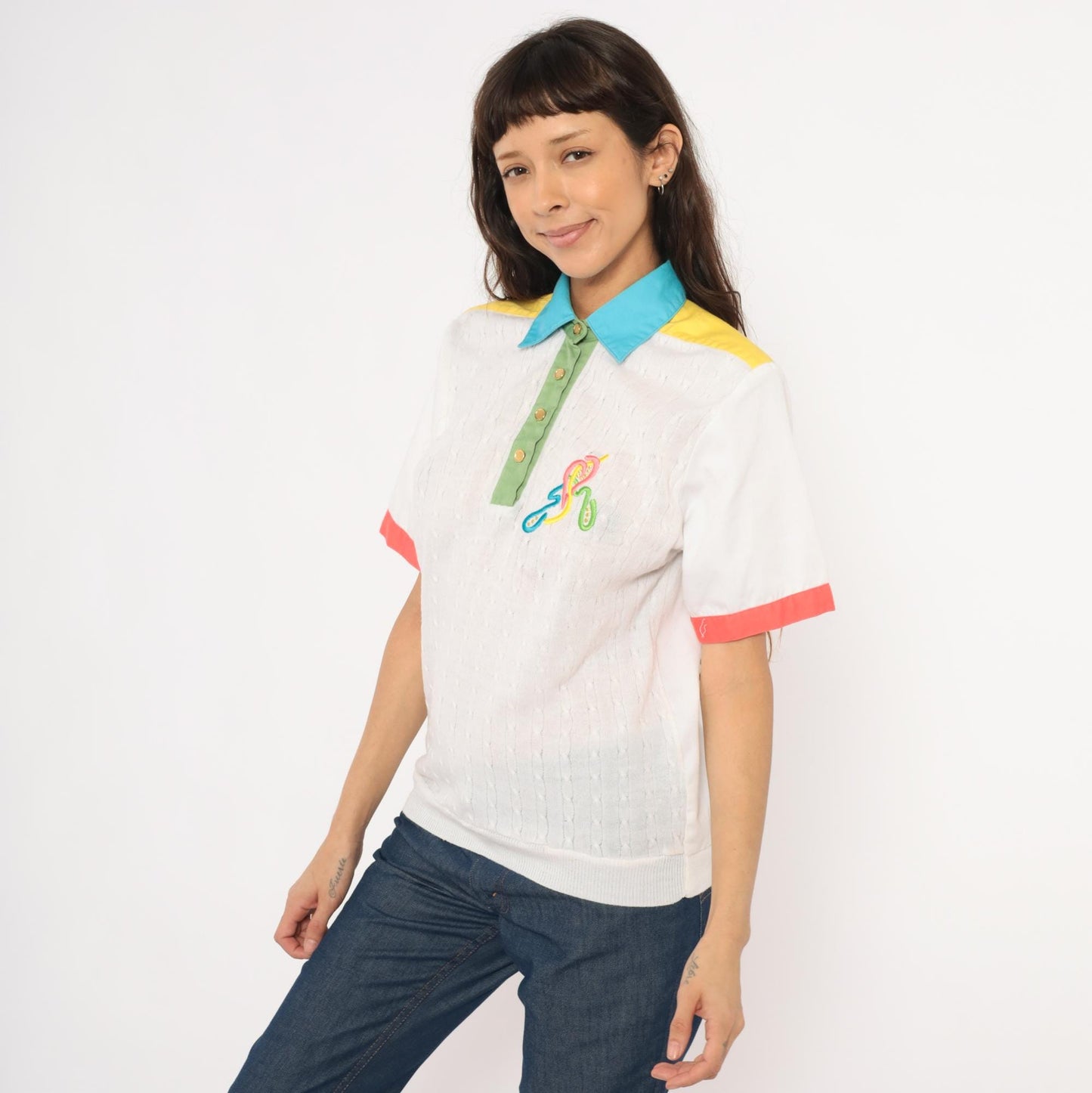 80s Joyce Colorblock Cable Knit Polo Embroidered Multicolor Medium