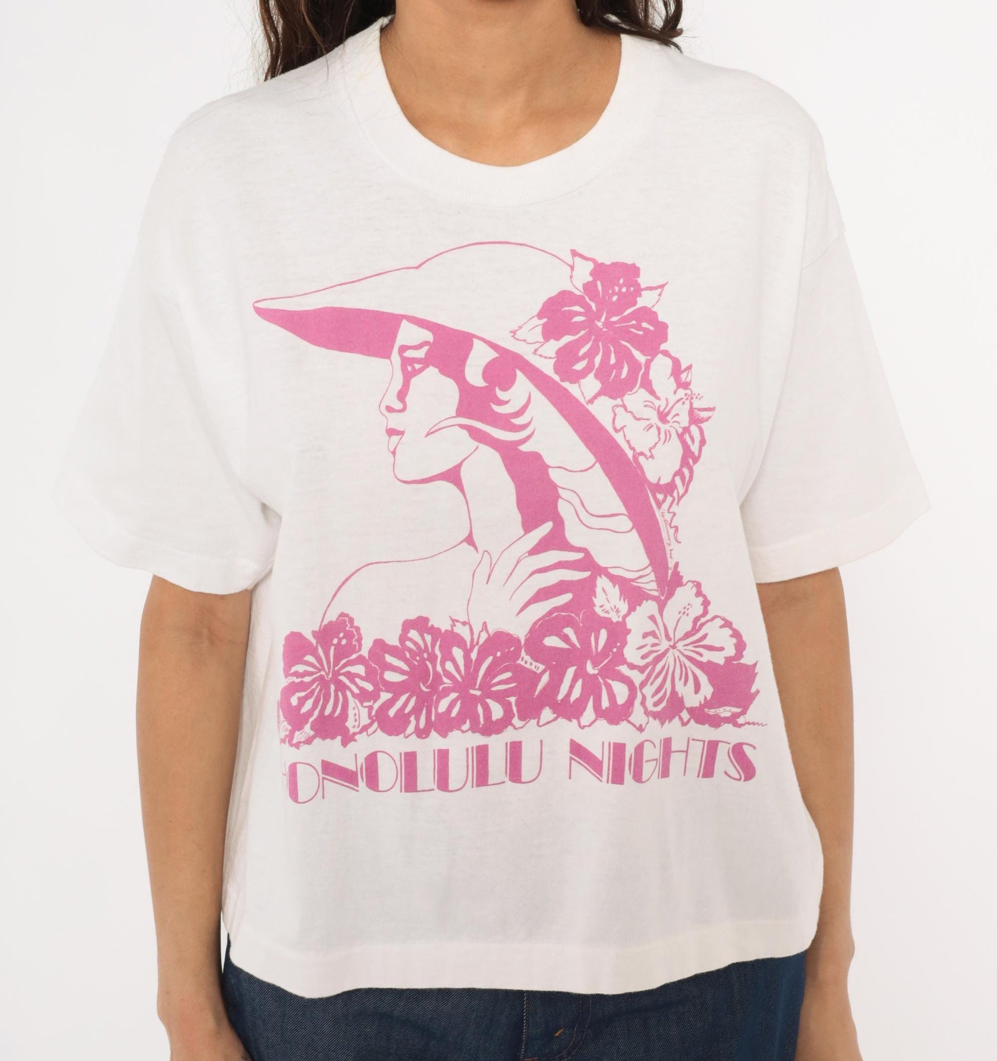 90s Honolulu Nights Fruit of the Loom Crop Tee White Pink Hibiscus Medium Large