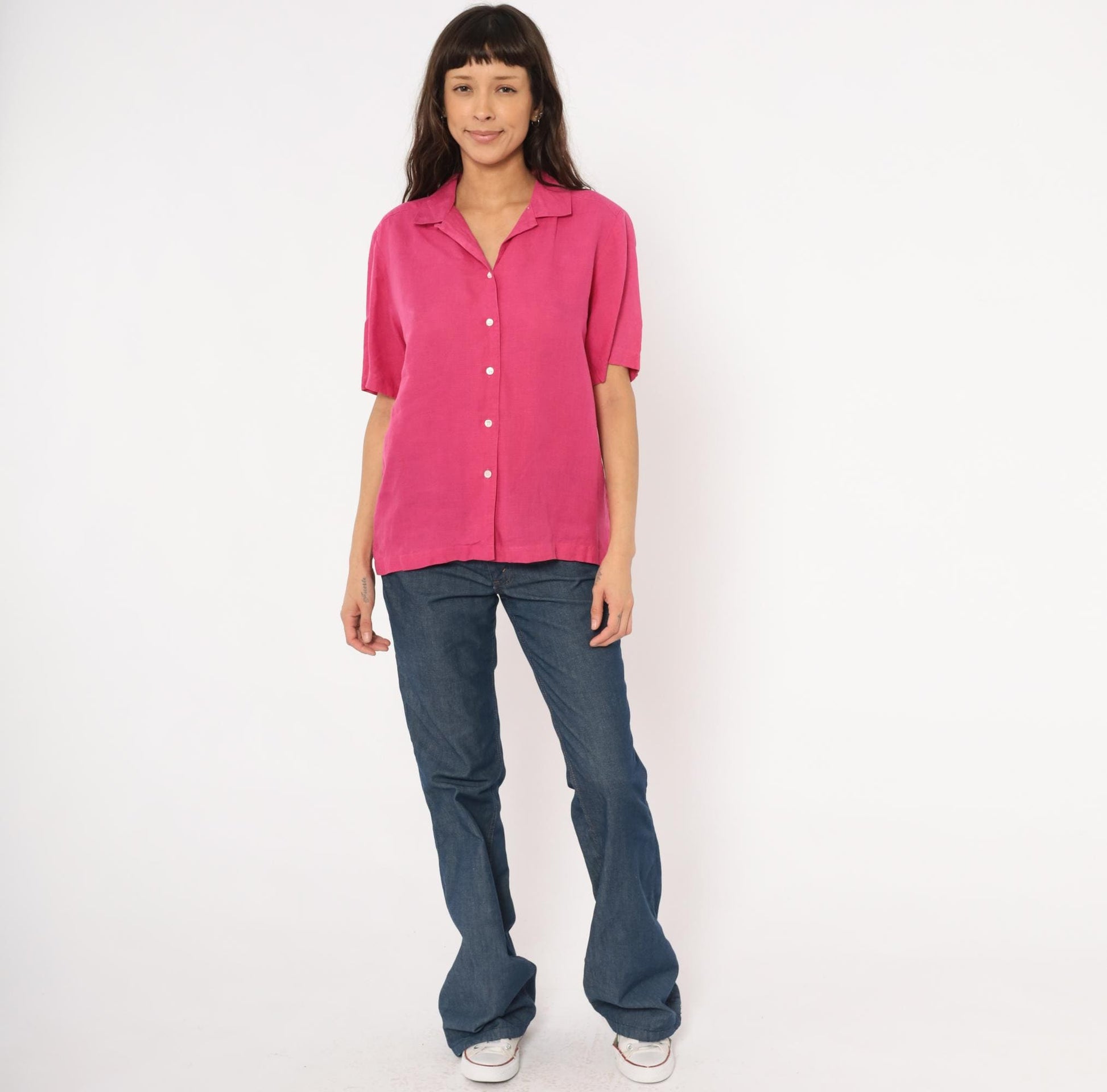 80s Brooks Brothers Fuchsia Linen Camp Collar Shirt Button Front Medium M