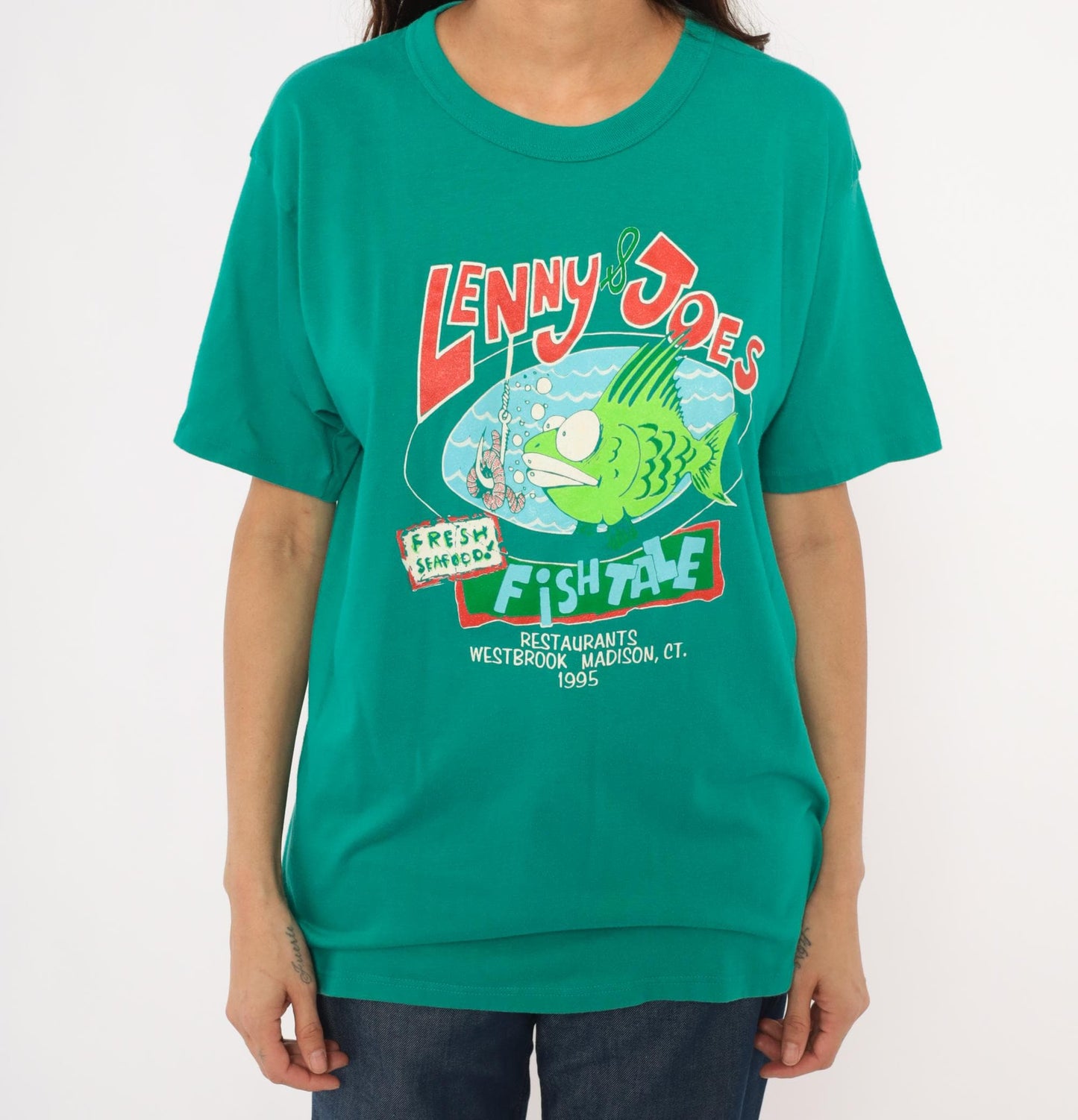 90s Lenny & Joe's Fish Tale Teal Graphic Tee Cotton Cartoon Fish Large L