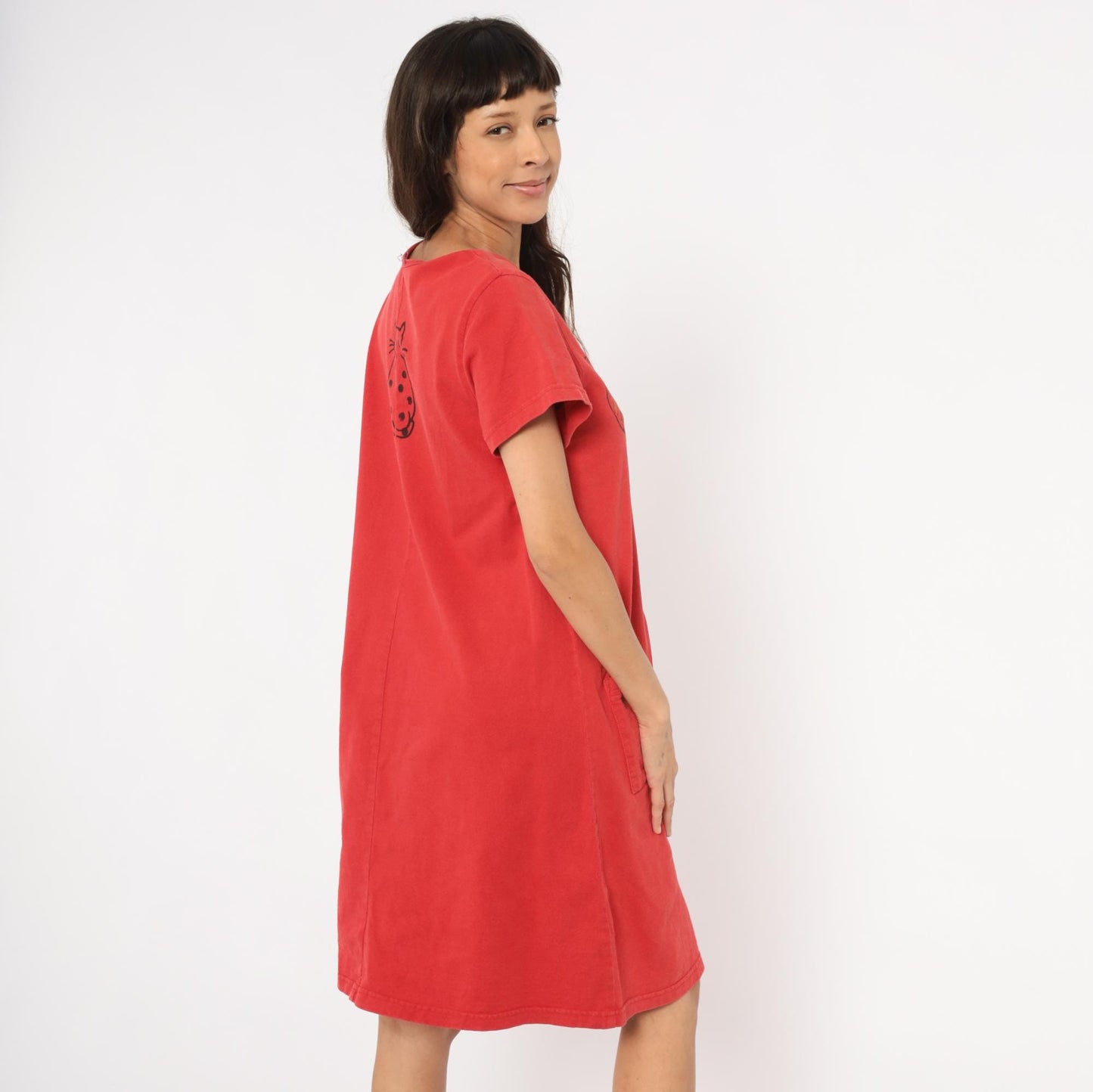 90s Cat T-Shirt Dress Red Cotton Graphic Paw Print Scoop Neck Small Medium