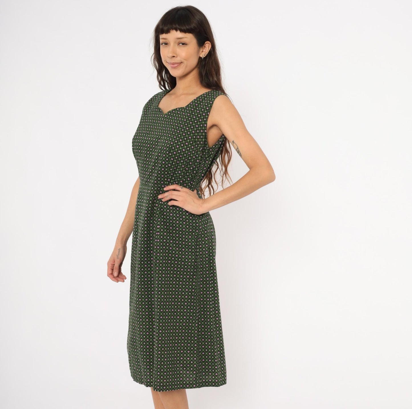 60s Heart Floral Cotton Dress Sweetheart Neckline Pencil Skirt Forest Green Large L