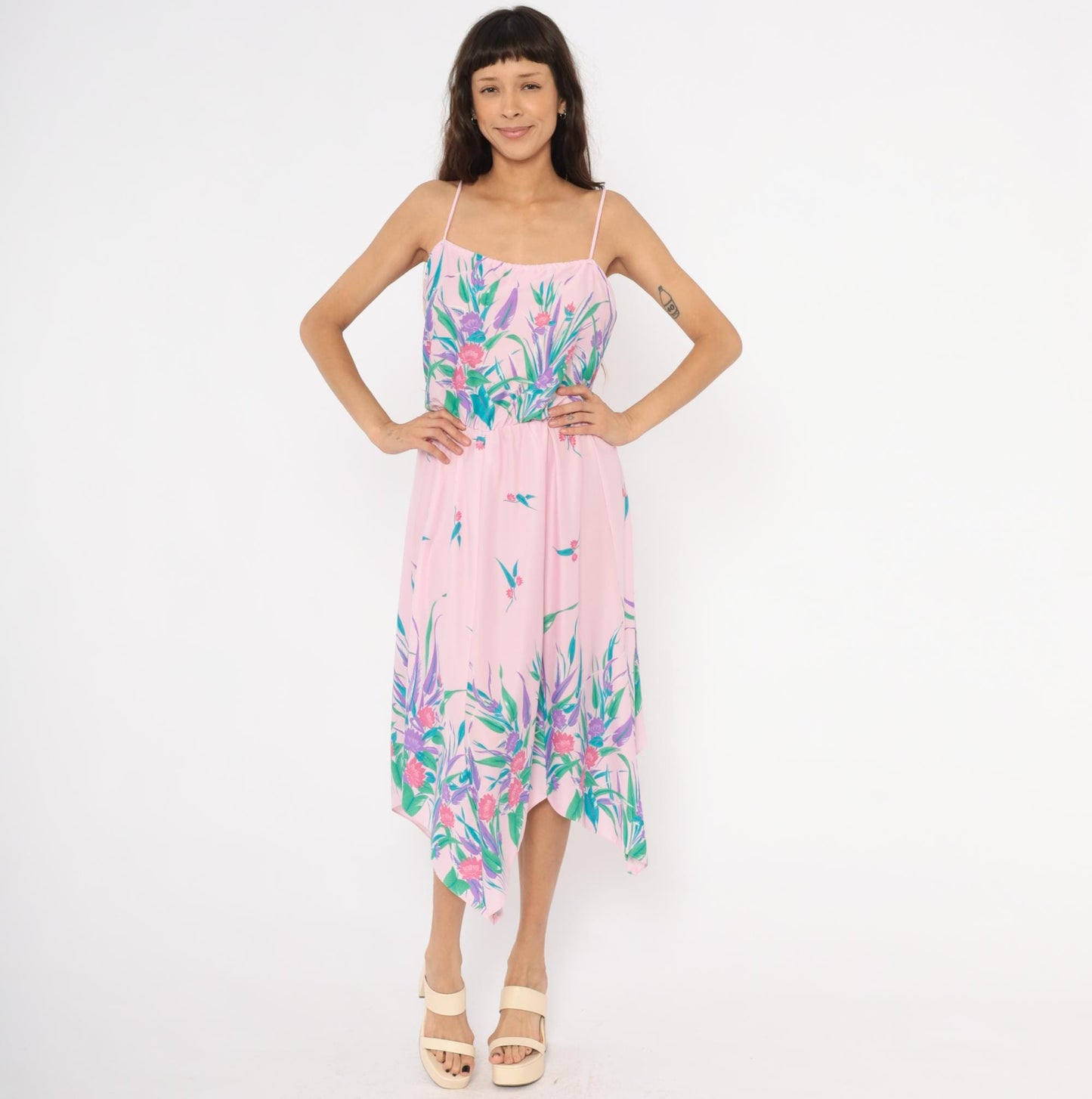 70s Floral Sundress Pink Purple Tropical Print Handkerchief Hem Medium