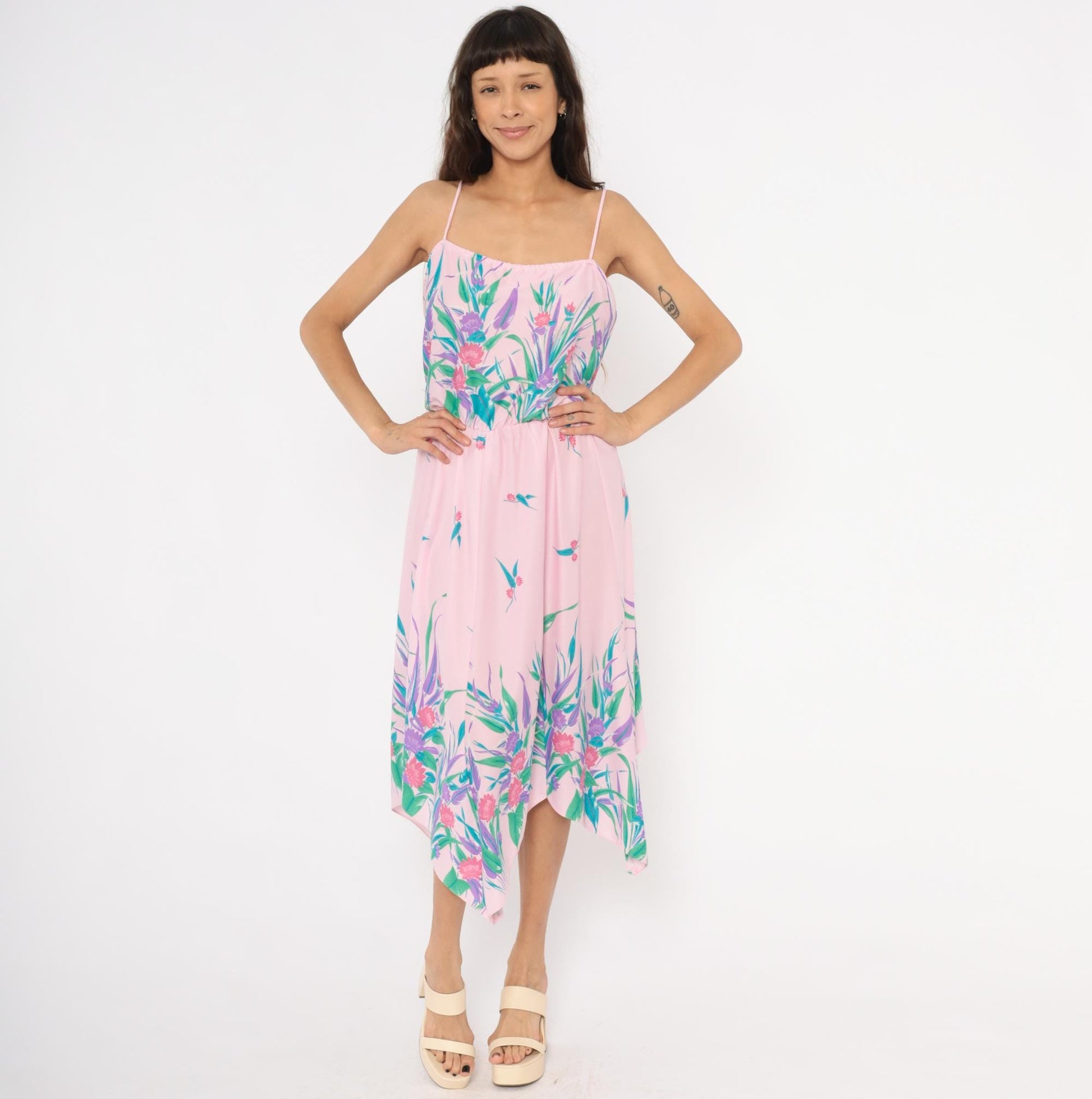 70s Floral Sundress Pink Purple Tropical Print Handkerchief Hem Medium