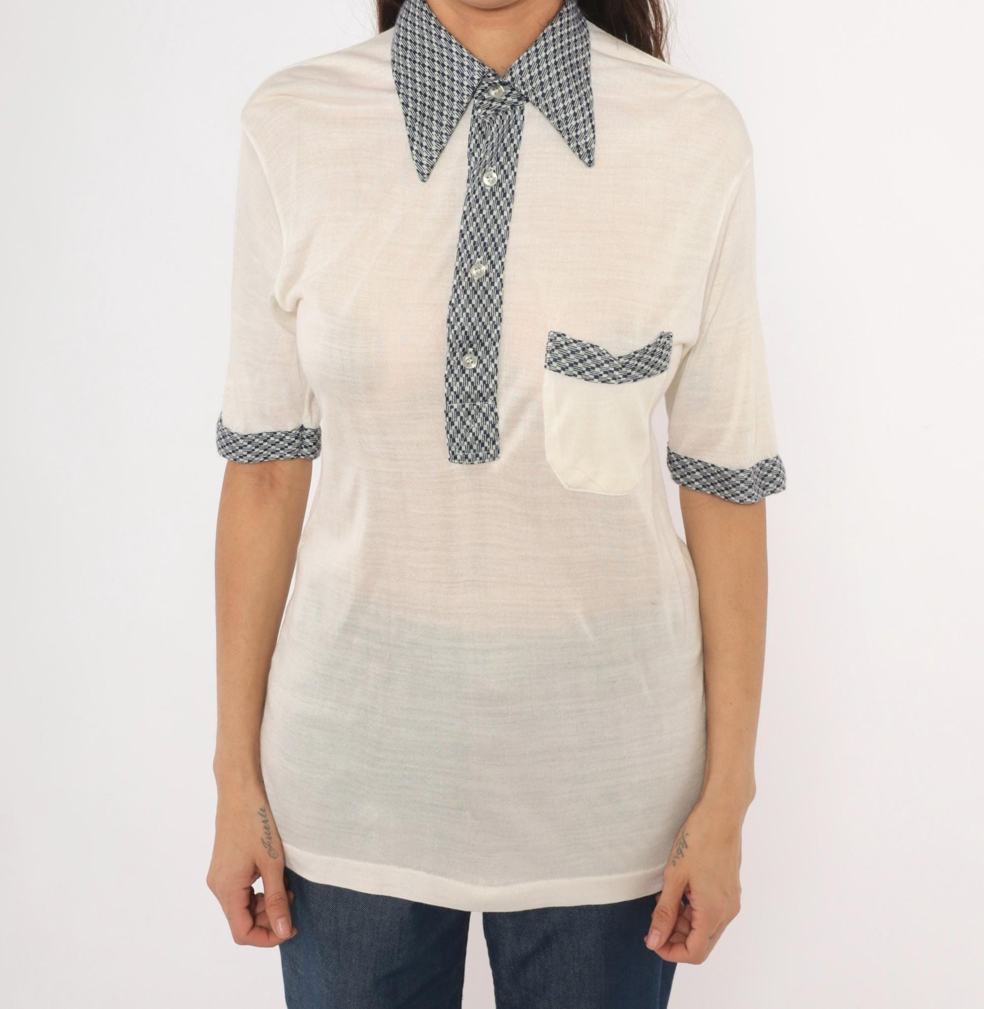 80s Drummond Houndstooth Polo Cream Navy Check Collar Knit Blouse Medium