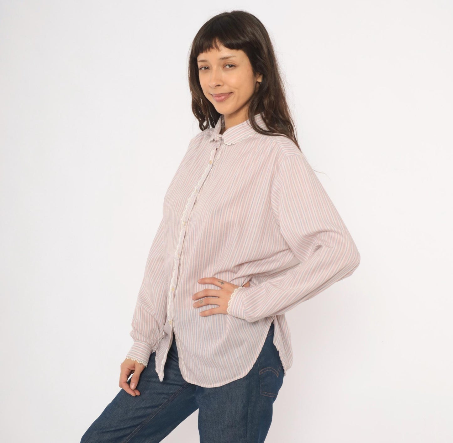 80s Laura Mae Striped Cotton Blouse Peter Pan Collar Lace Trim Extra Large XL