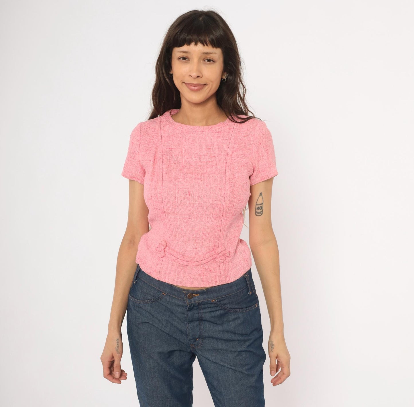 60s Pink Tweed Blouse Scoop Neck Bow Detail Fitted Waist Cotton Small