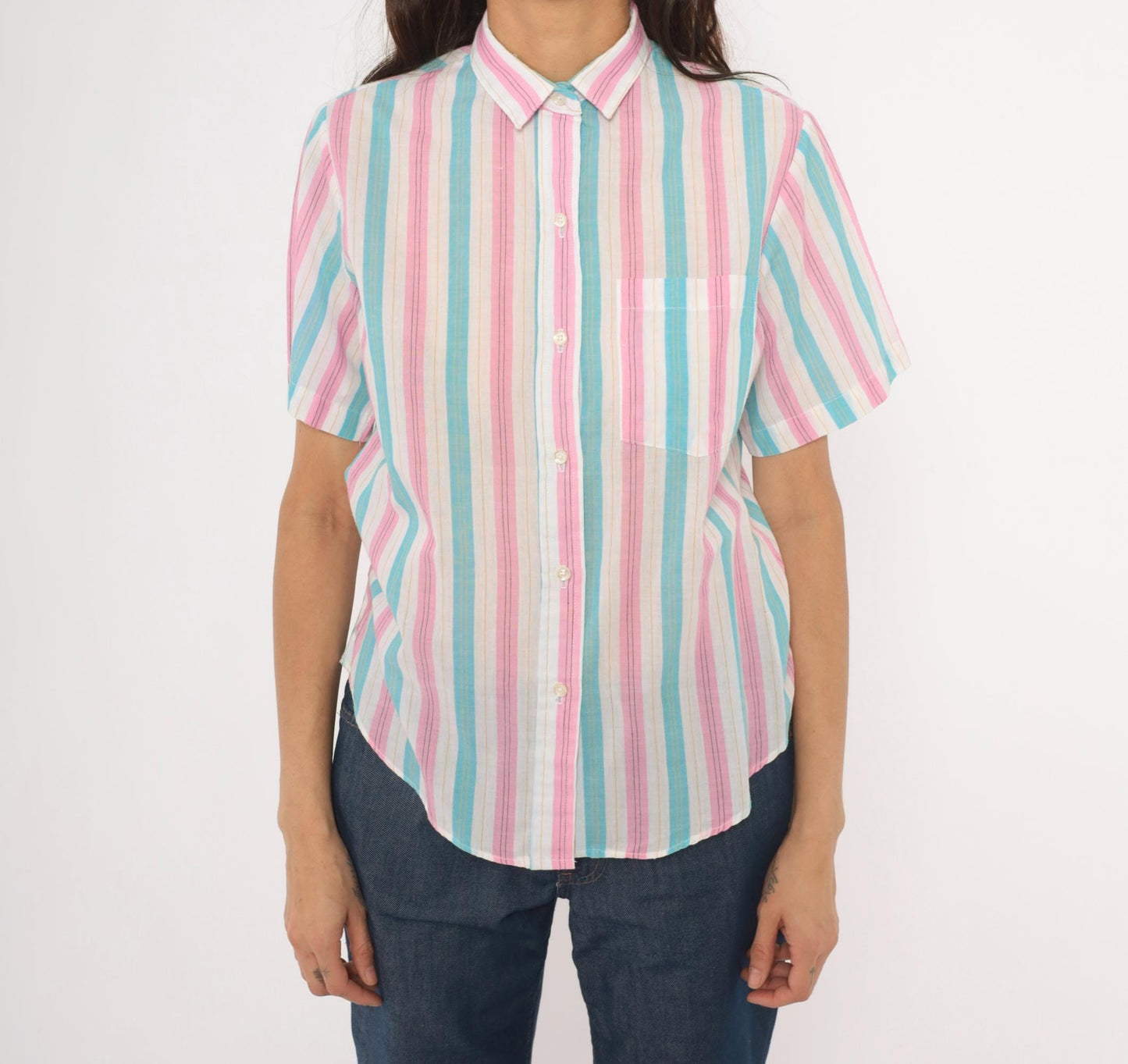 80s Shirtmakers Ltd. Candy Stripe Button-Up Blouse Pink Sky Blue Large L