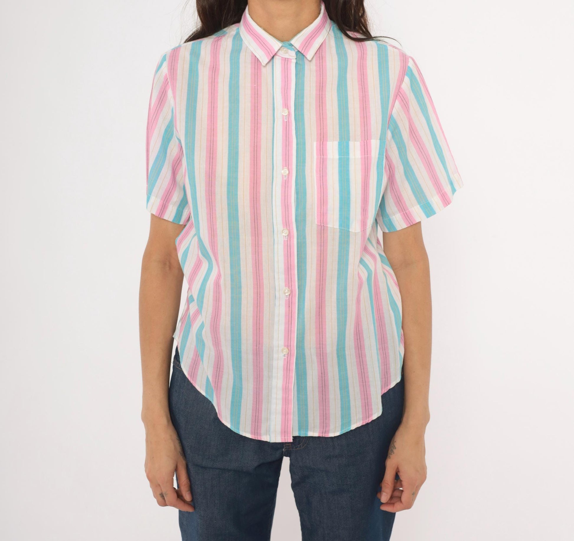 80s Shirtmakers Ltd. Candy Stripe Button-Up Blouse Pink Sky Blue Large L