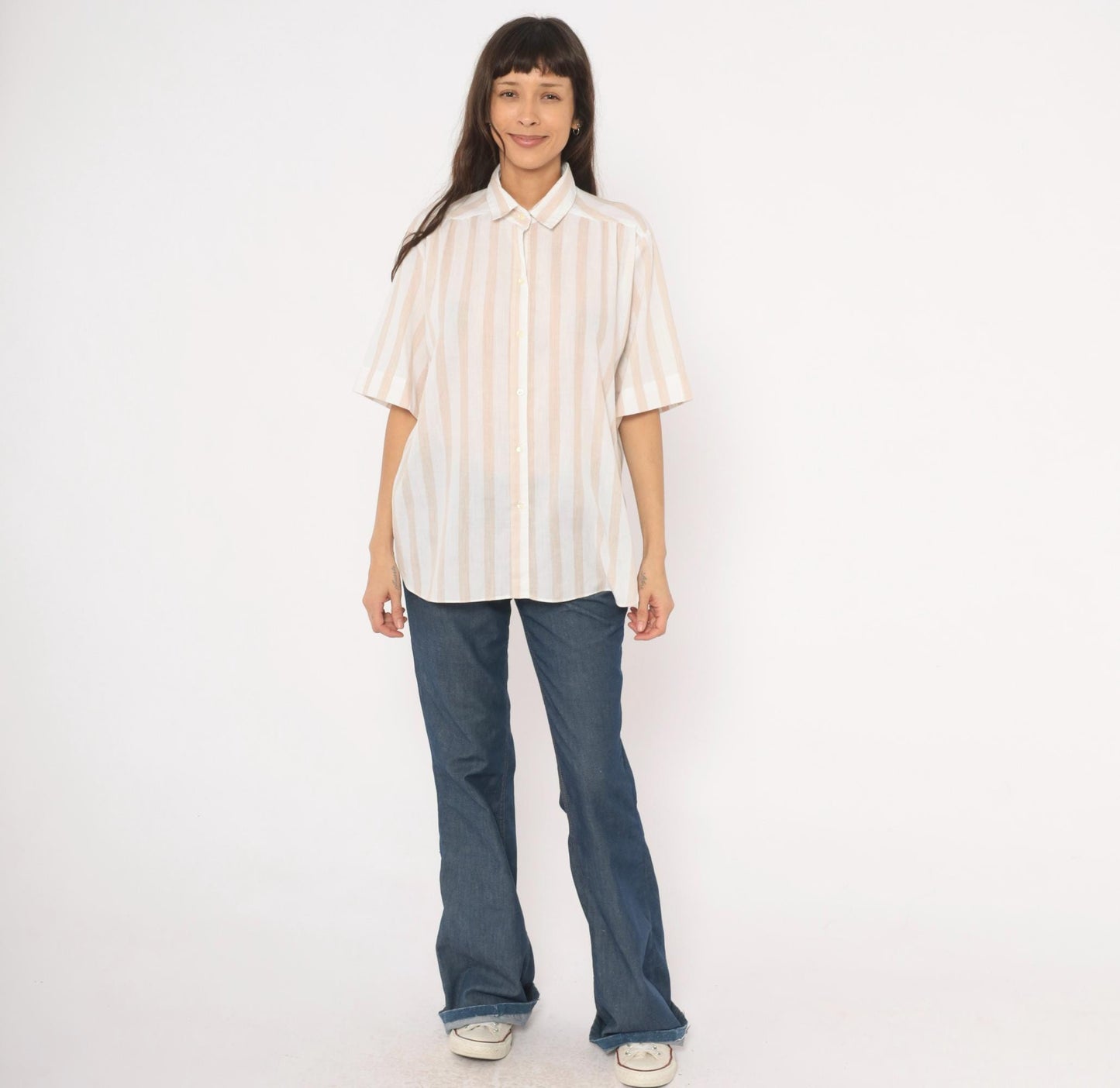 80s All Hours Cream Tan Striped Button-Front Blouse Pointed Collar Large