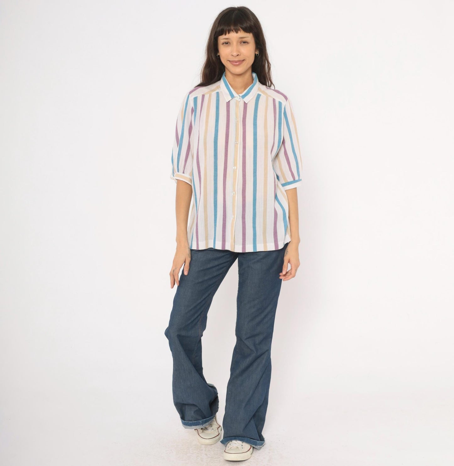 80s Koret Vertical Stripe Button Front Blouse Cream Purple Blue Tan Extra Large XL