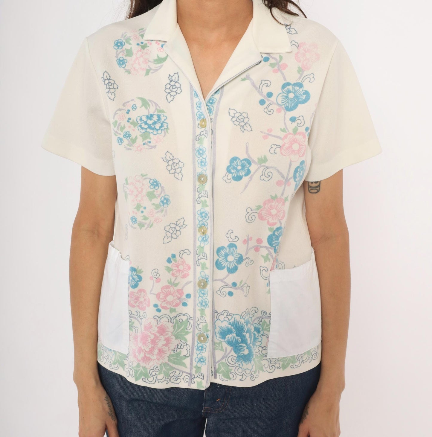 70s Cherry Blossom Peony Camp Collar Blouse Cream Floral Medium M