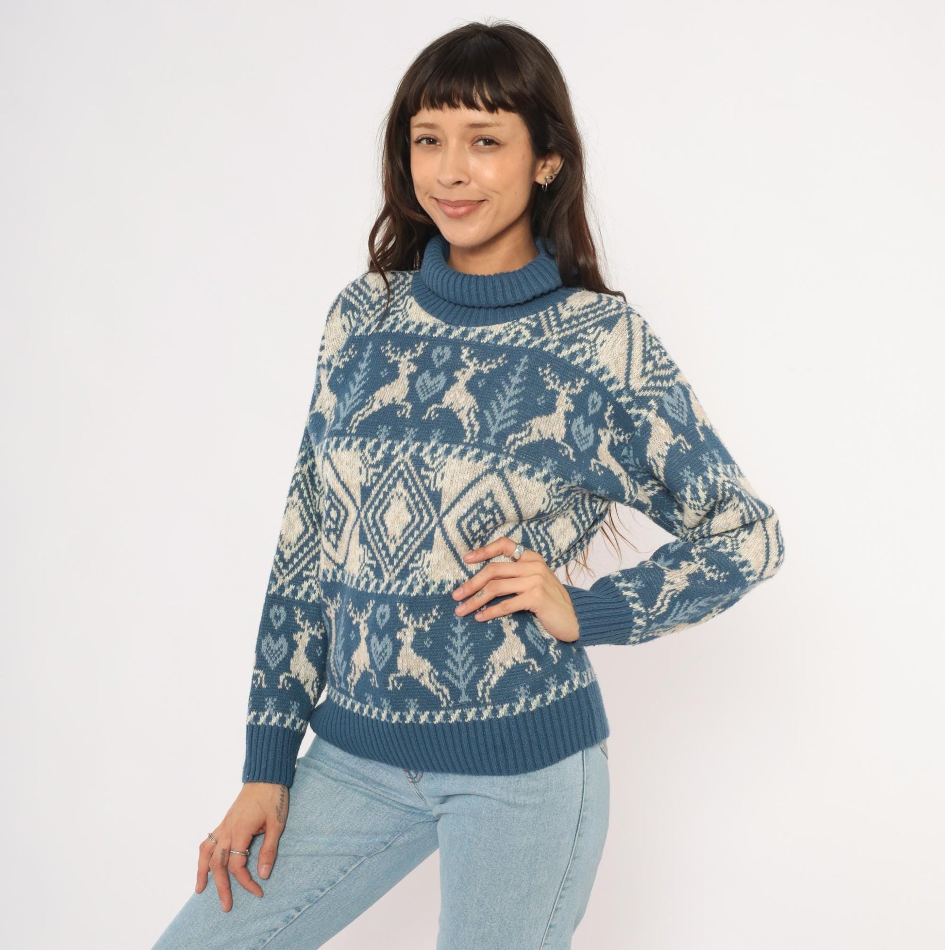 90s United States Sweaters Reindeer Fair Isle Turtleneck Blue Cream Small