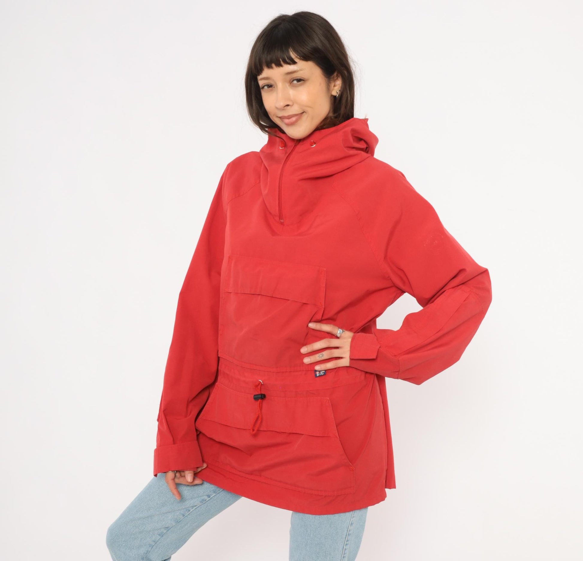 80s Red Anorak Pullover Half-Zip Windbreaker Kangaroo Pocket Jacket Extra Large