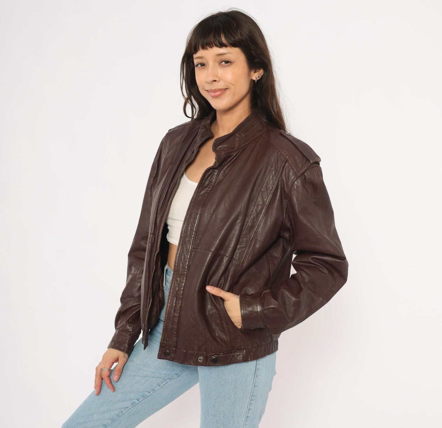 80s Leather Den Burgundy Bomber Jacket Zip Front Moto Coat Medium M