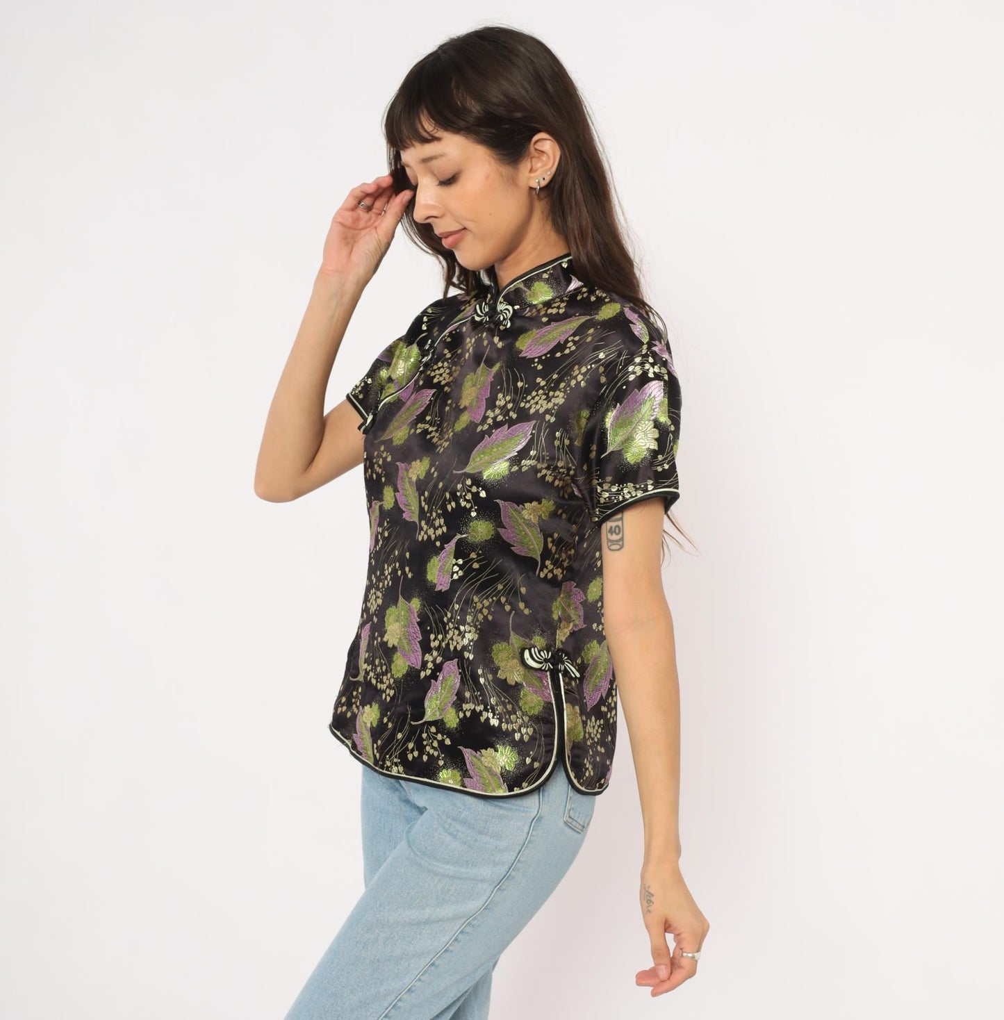 90s Mimi Cheongsam Top Black Brocade Floral Mandarin Collar Plus Size XXL