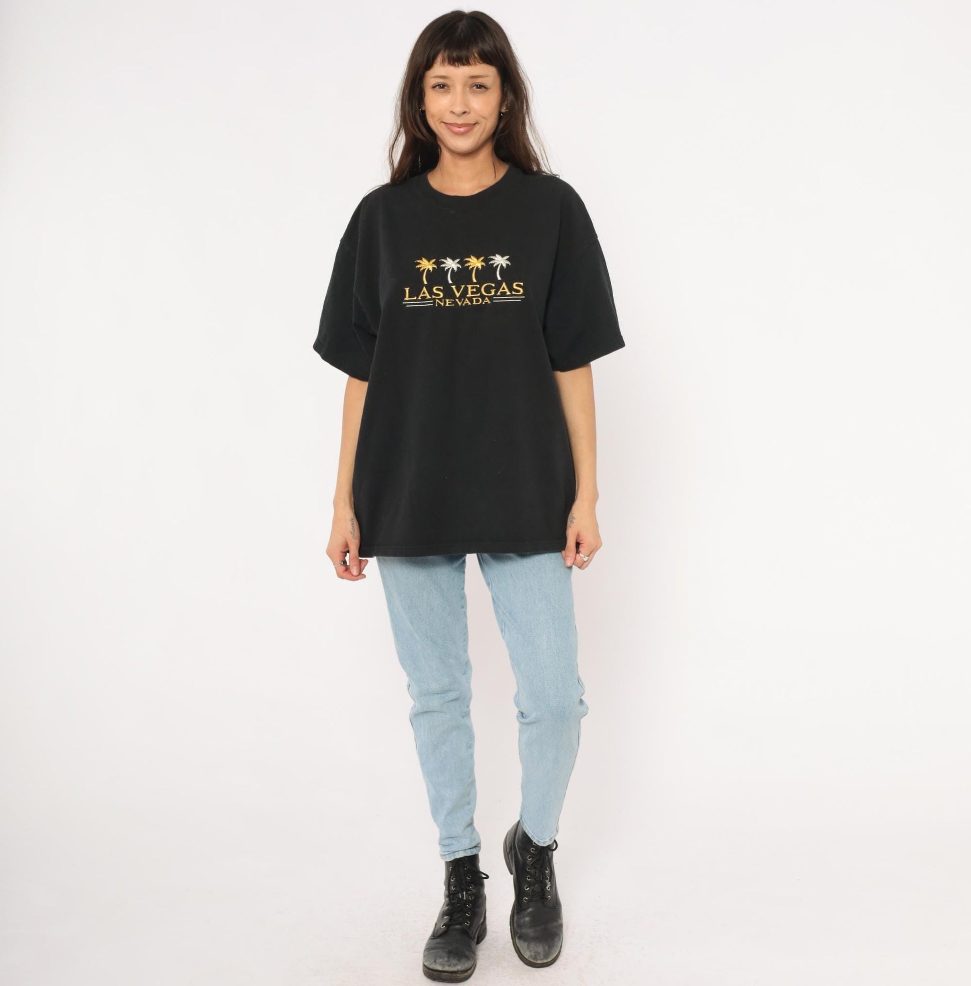 90s Las Vegas Nevada Embroidered Palm Tree Tee Black Cotton Mens Extra Large XL