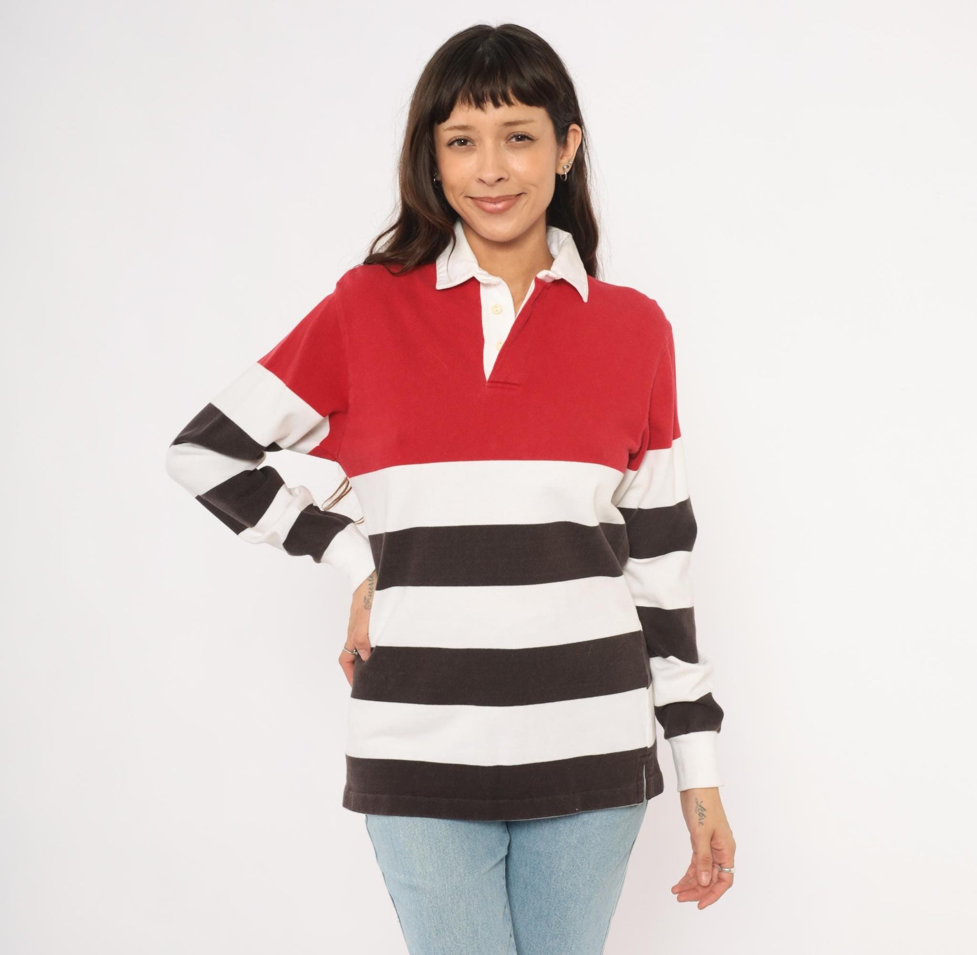 90s Cambridge Classics Rugby Shirt Striped Red White Brown Cotton Small