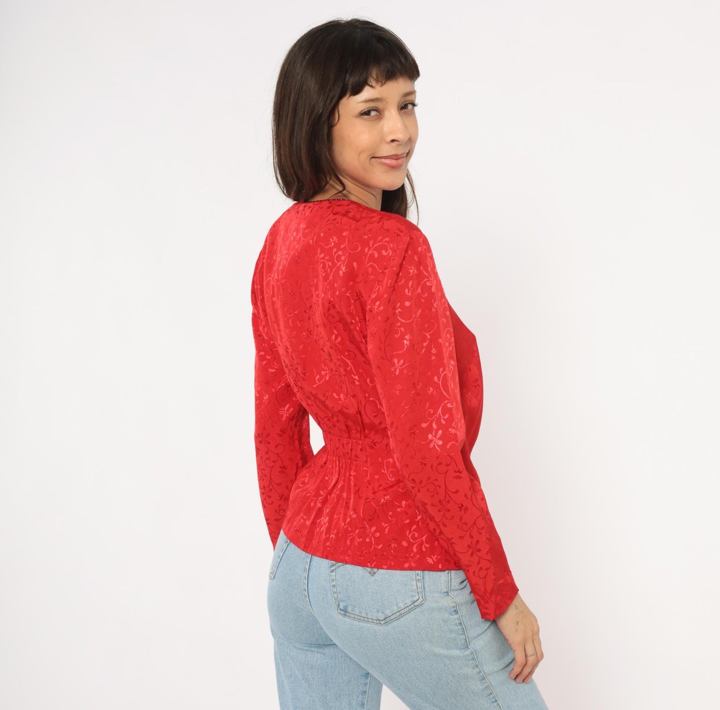 90s SL Petites Red Jacquard Wrap Blouse Floral Vine Embossed Small S