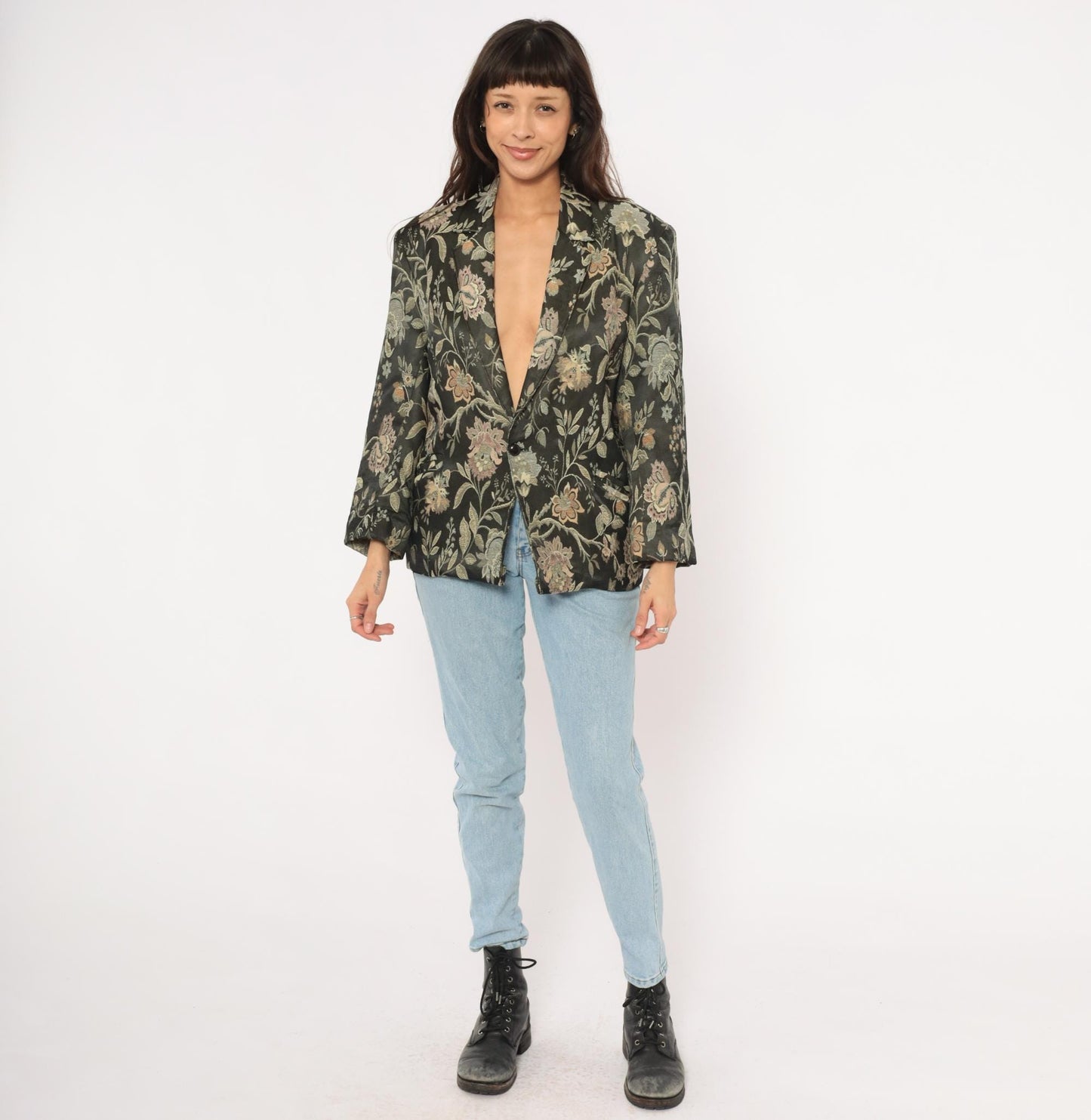 90s Z Cavaricci Floral Jacquard Blazer Black Tapestry Cotton Medium M