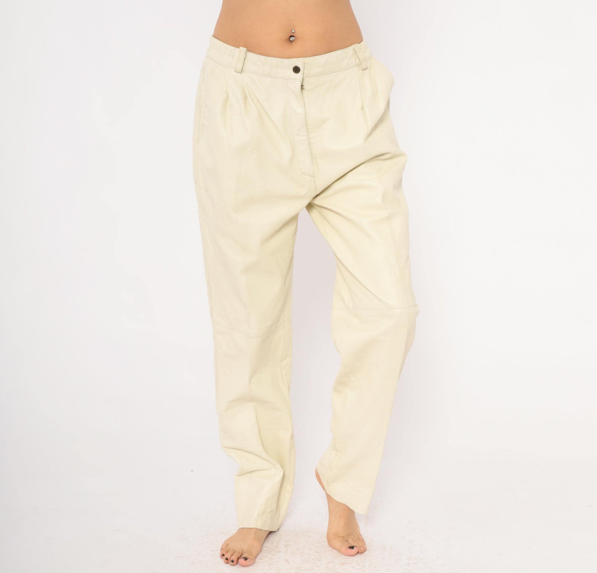 80s Masart Cream Leather Pants Pleated Front Straight Leg Mid-Rise Size 16