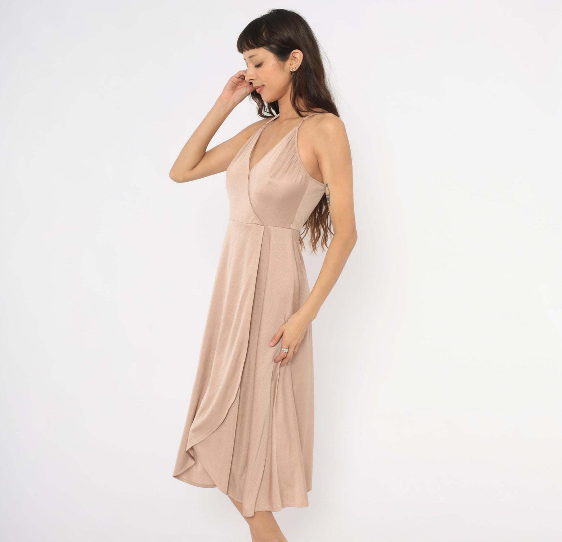 70s Nude Halter Midi Dress Wrap Front Surplice Neckline Tulip Hem Medium