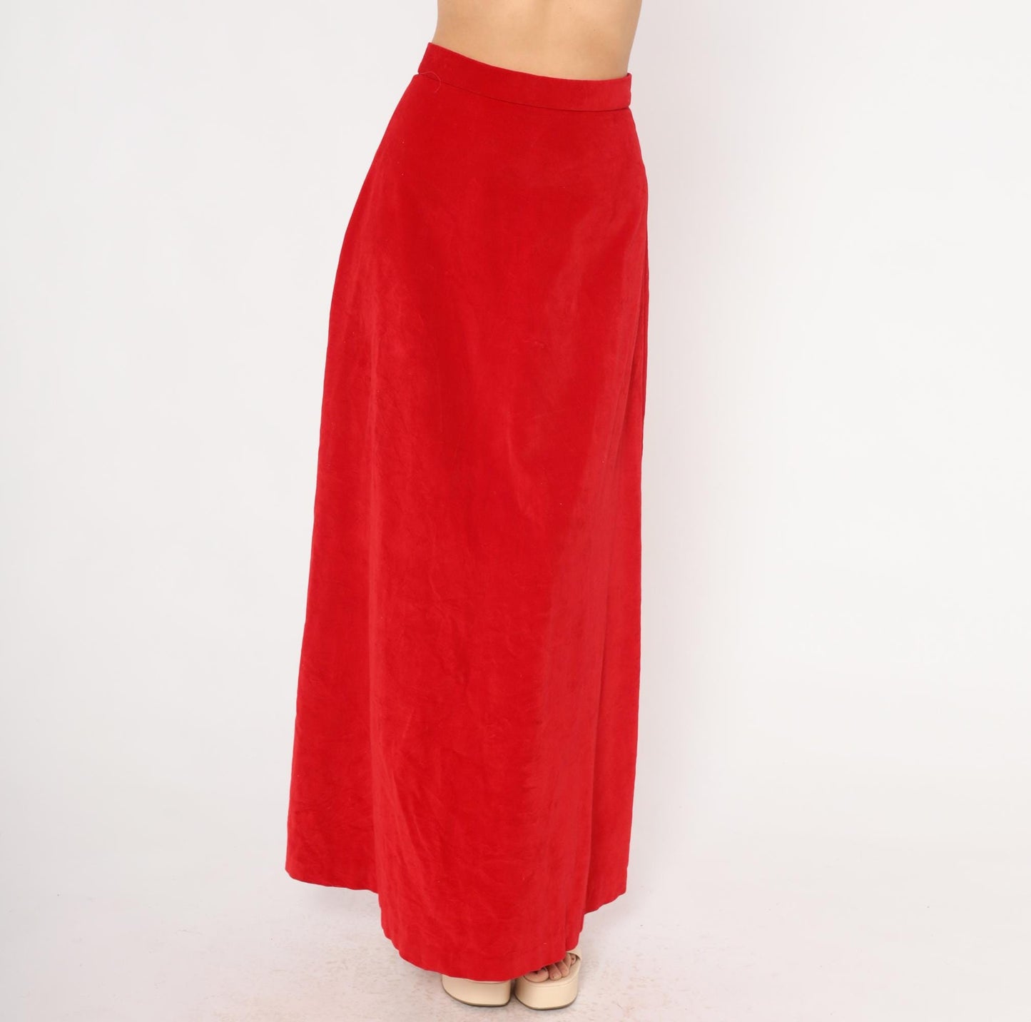 70s Red Velvet Maxi Skirt High Waist A-Line Floor Length Small