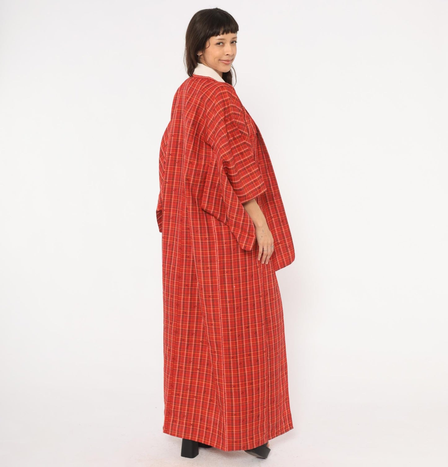 70s Red Plaid Wool Kimono Robe Floor Length Open Front Tartan Duster