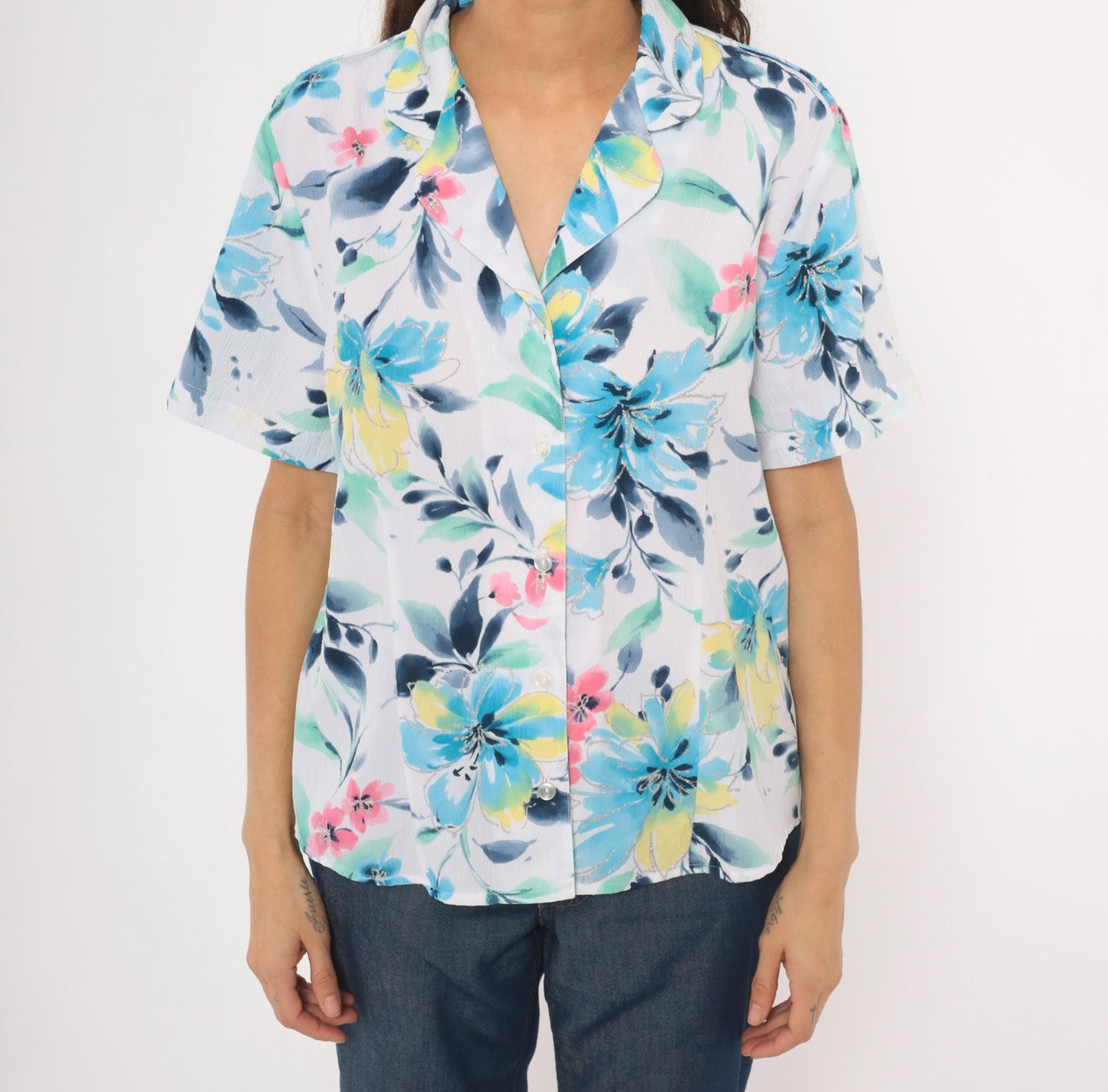 90s Alfred Dunner Watercolor Floral Camp Collar Blouse Blue Pink Yellow Extra Large XL