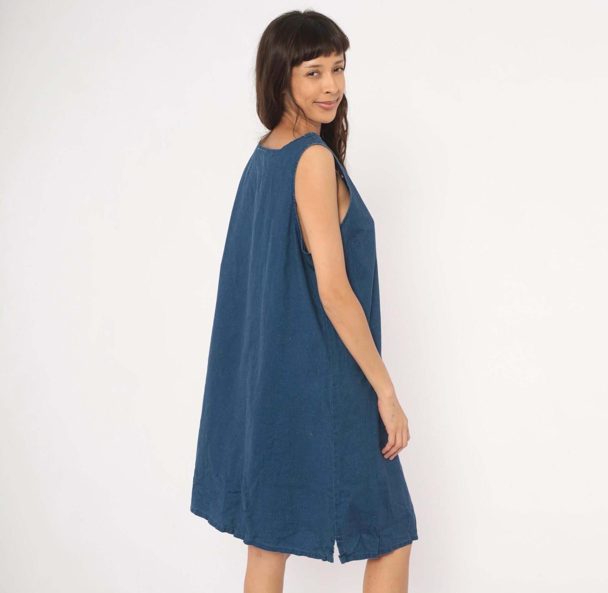 90s Portraits Navy Denim Shift Dress Square Neck Knee-Length Cotton Extra Large XL