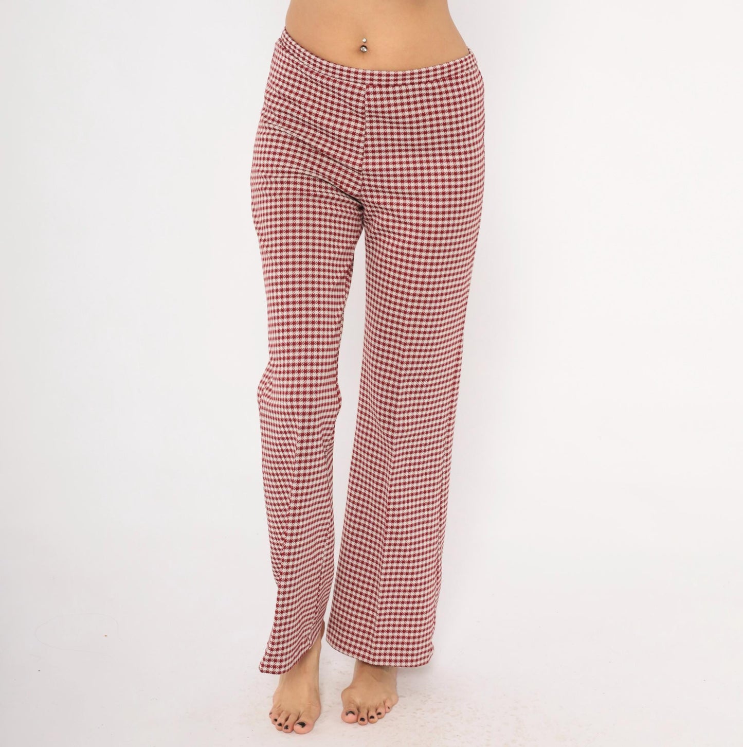 70s Houndstooth Flare Pants Burgundy Cream Low Rise Bell Bottom Medium