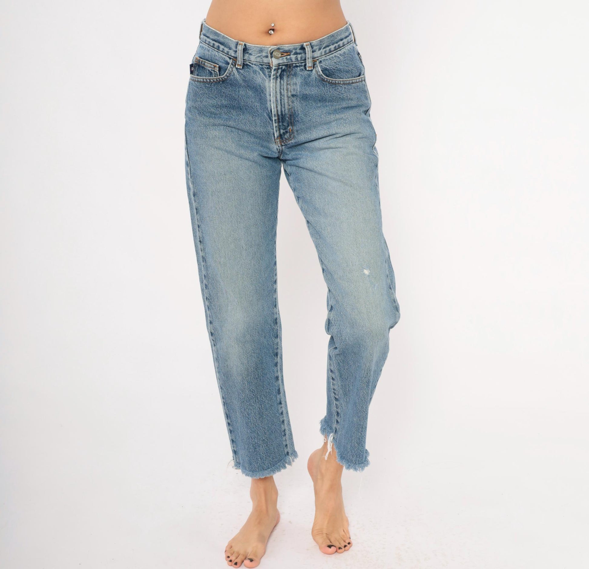 Y2K Bongo Cropped Jeans High Rise Straight Leg Raw Hem Blue Denim Small
