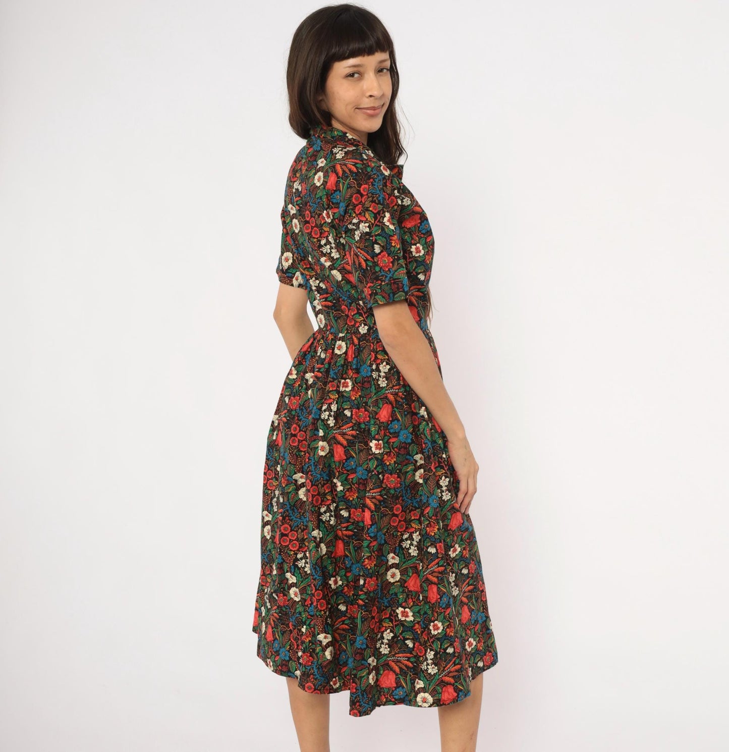 80s Black Floral Shirtdress Cotton Botanical Print Fitted Waist Small