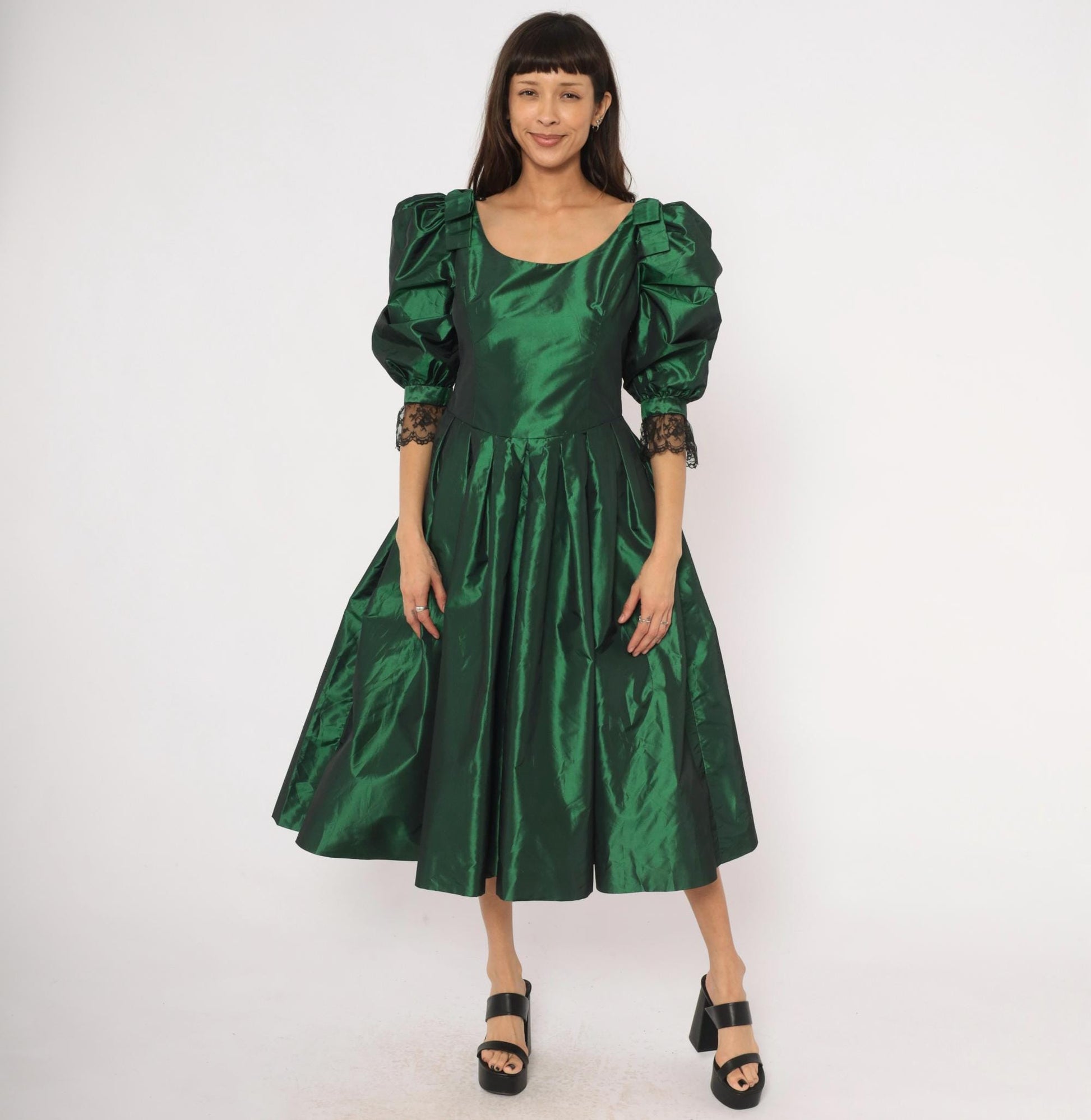 60s Emerald Taffeta Gown Puff Sleeve Forest Green Bow Shoulder Lace Cuff Large