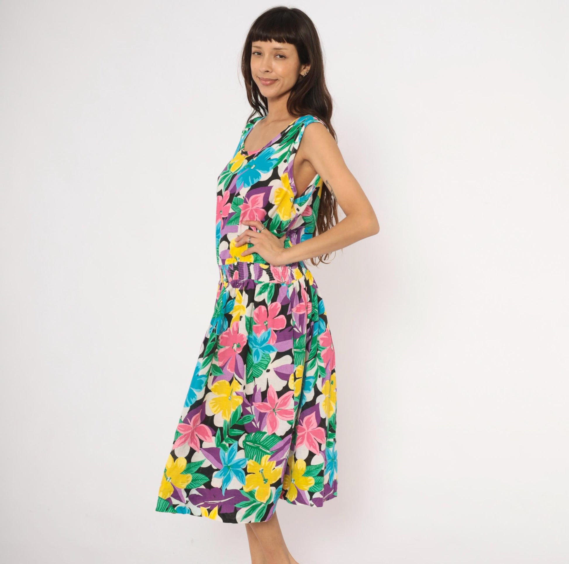 90s Tumbleweeds Tropical Hibiscus Midi Sundress Cotton Scoop Neck Large L