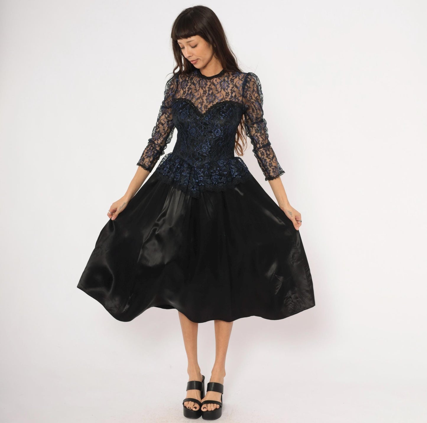 80s Gunne Sax Black Navy Floral Lace Peplum Sweetheart Gown Medium M