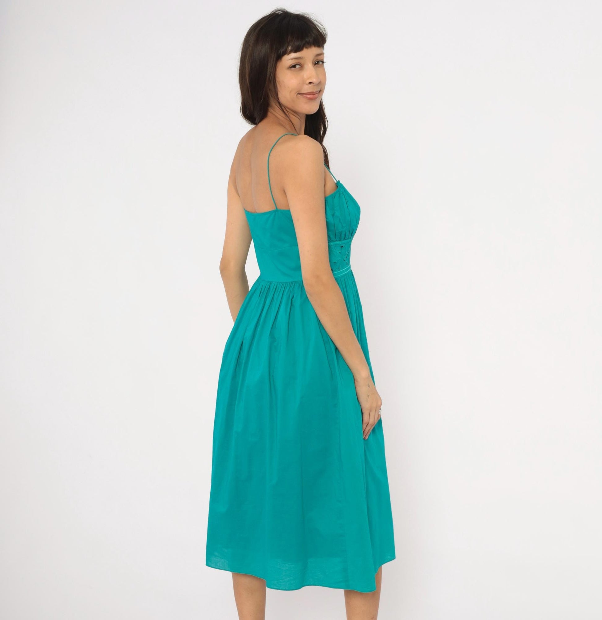 90s Jessica Howard Teal Midi Sundress Embroidered Eyelet Cotton Small