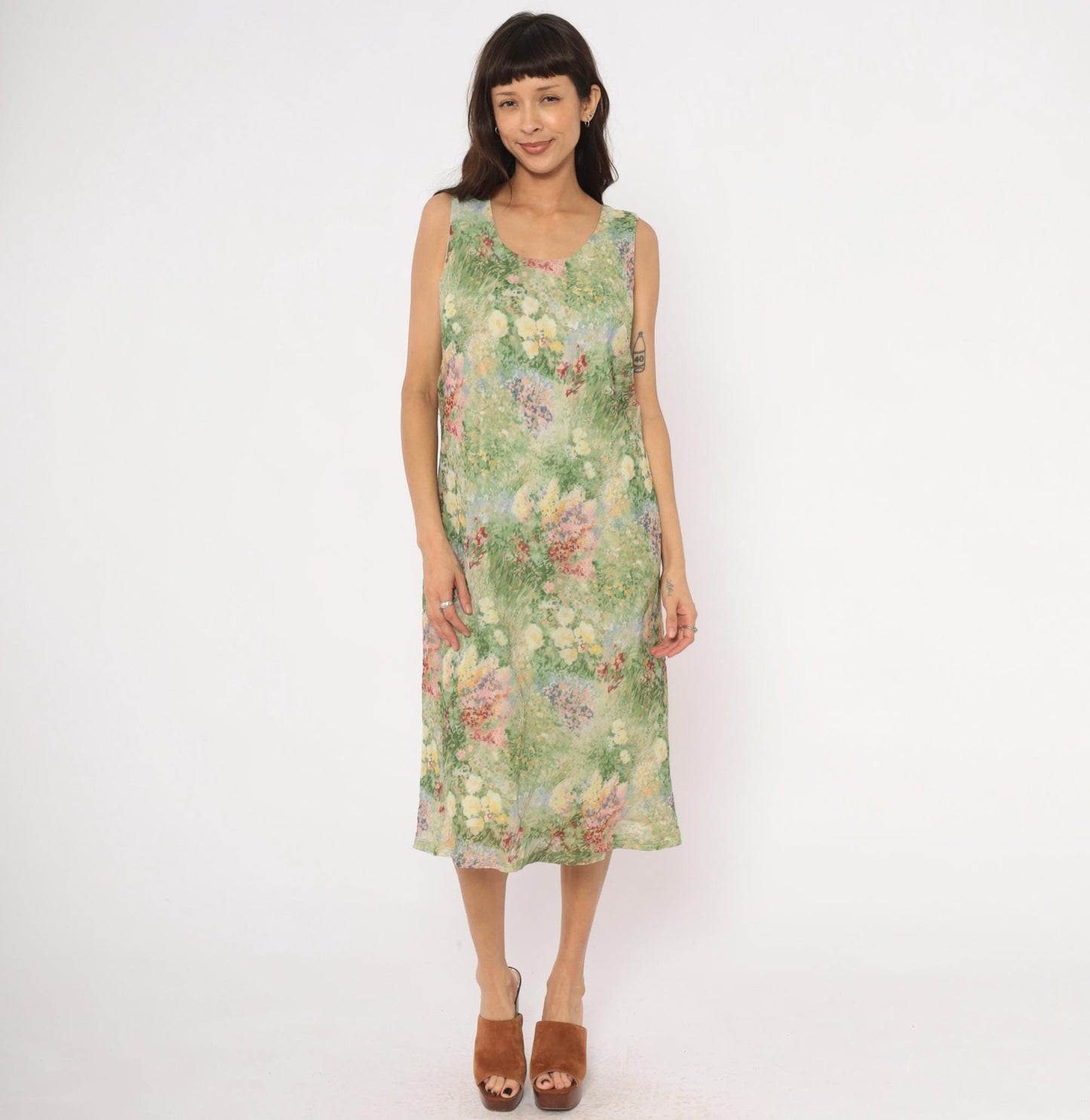 90s K Studio Floral Midi Dress Impressionist Garden Print Green Pink Extra Large