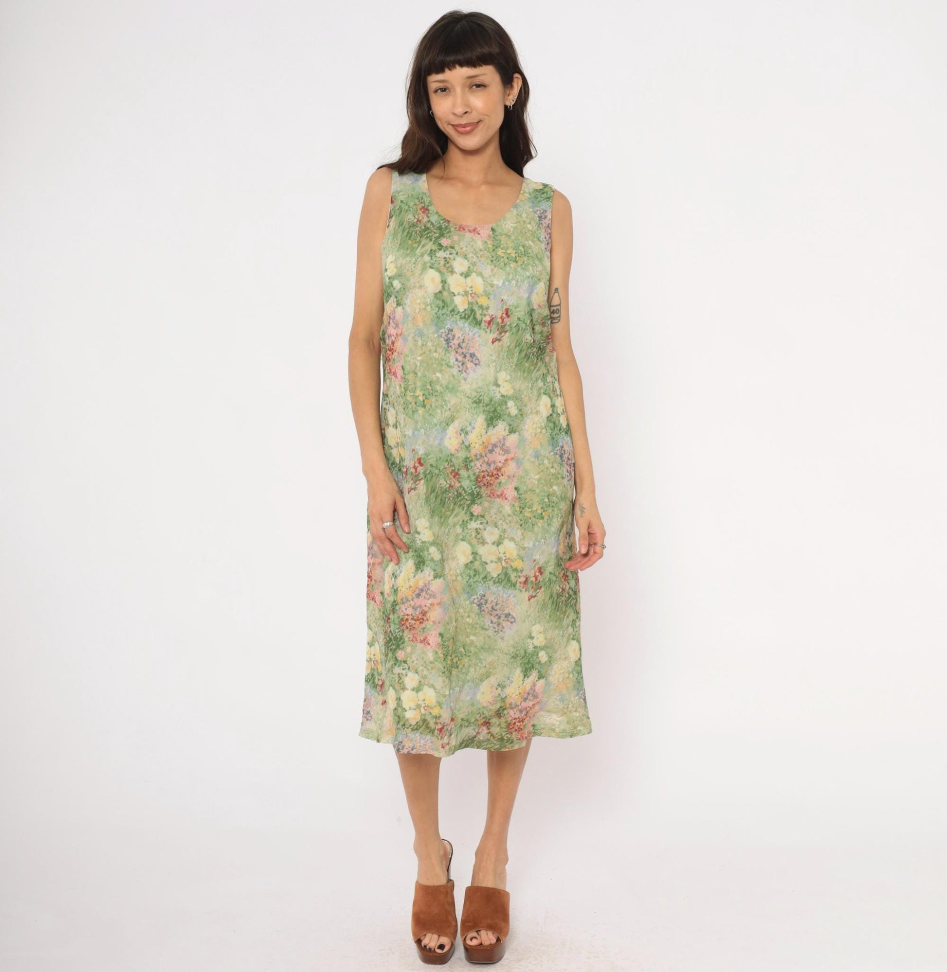 90s K Studio Floral Midi Dress Impressionist Garden Print Green Pink Extra Large