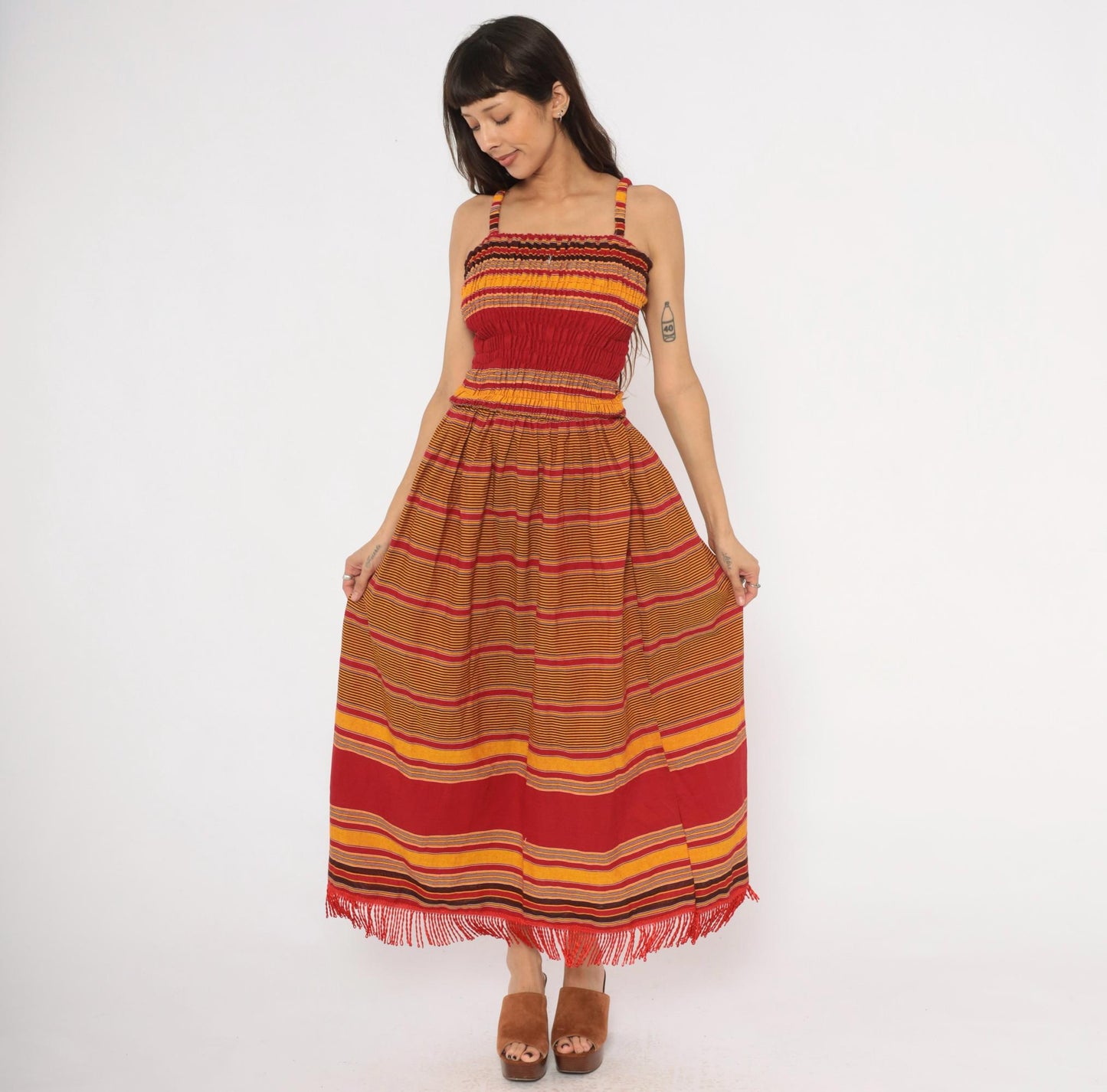 90s Striped Smocked Sundress Red Gold Fringe Hem Cotton Small