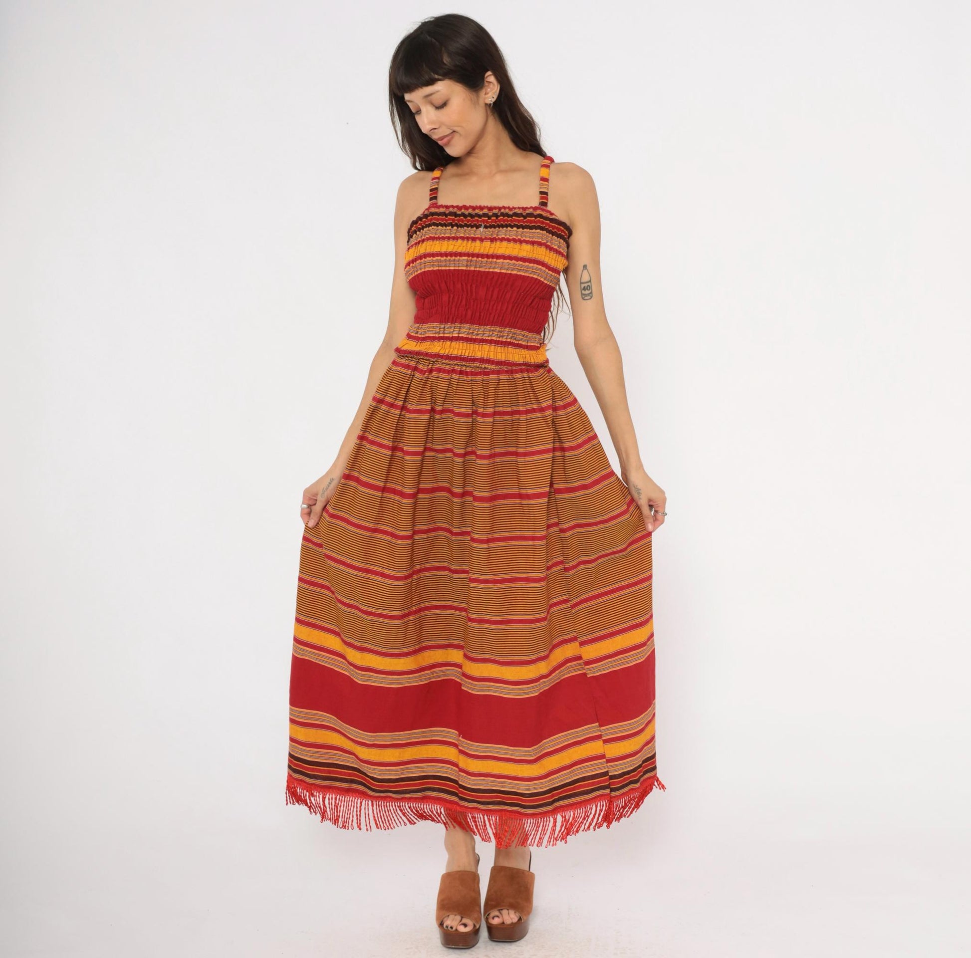 90s Striped Smocked Sundress Red Gold Fringe Hem Cotton Small