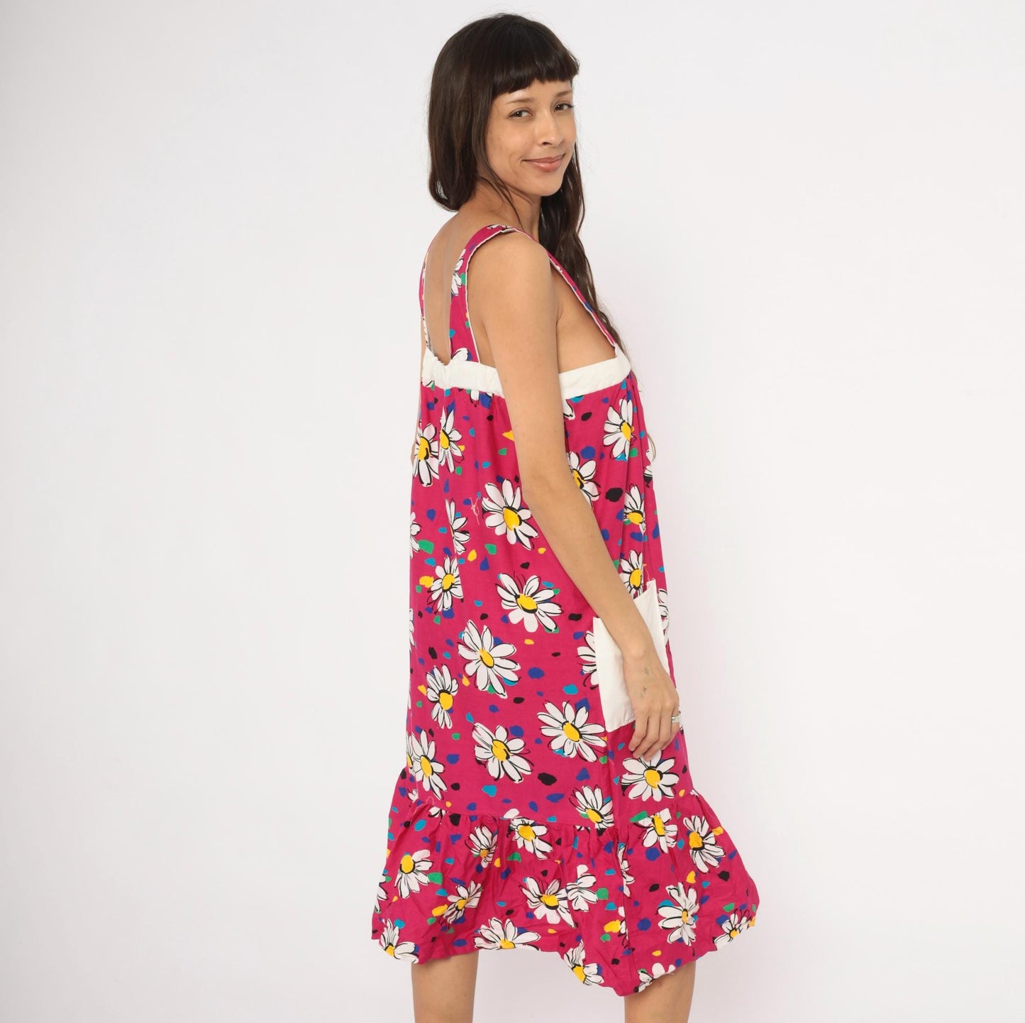 90s Fuchsia Daisy Print Cotton Sundress Square Neck Ruffle Pockets Small