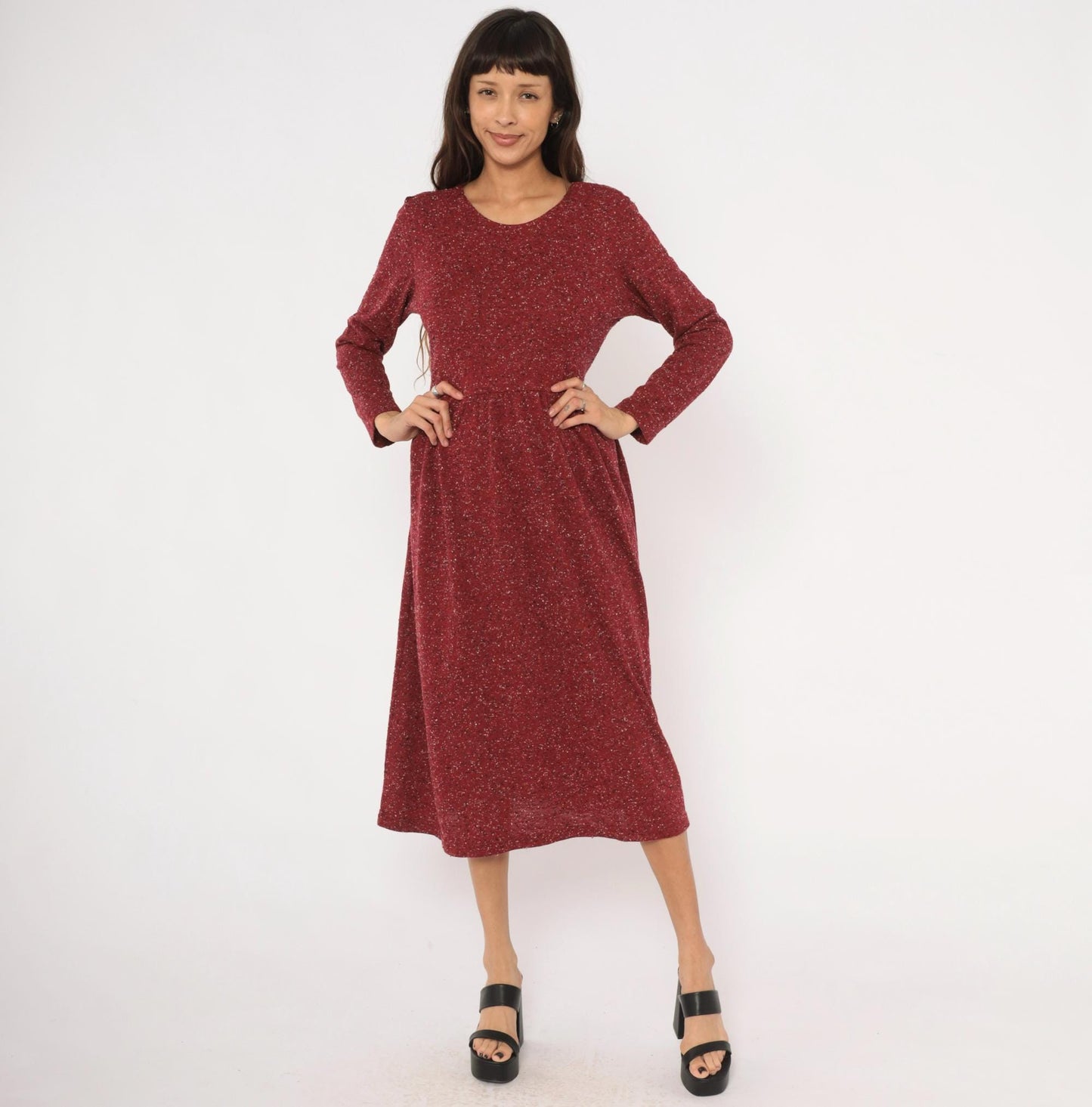 90s Alias Burgundy Speckled Knit Midi Dress Tie Back Medium M