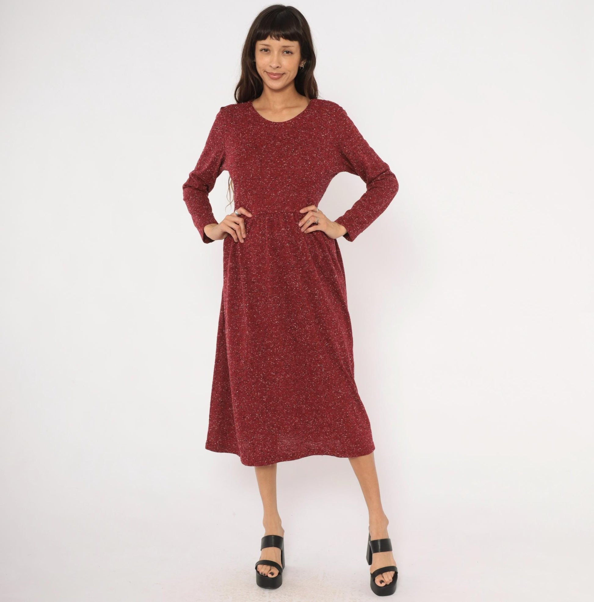 90s Alias Burgundy Speckled Knit Midi Dress Tie Back Medium M