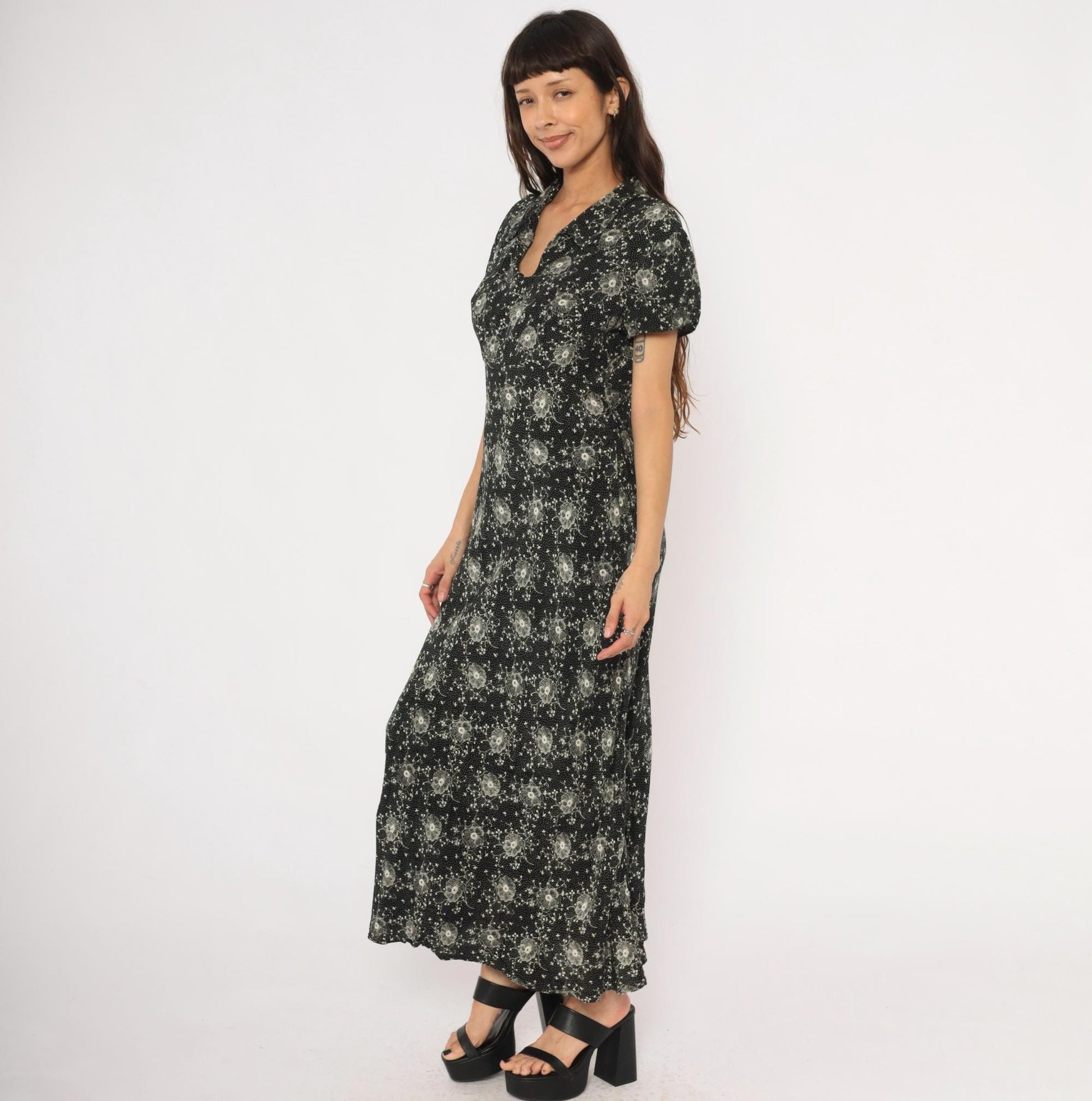 90s Scarlett Black Floral Maxi Dress White Dotted Short Sleeve Collared Large L