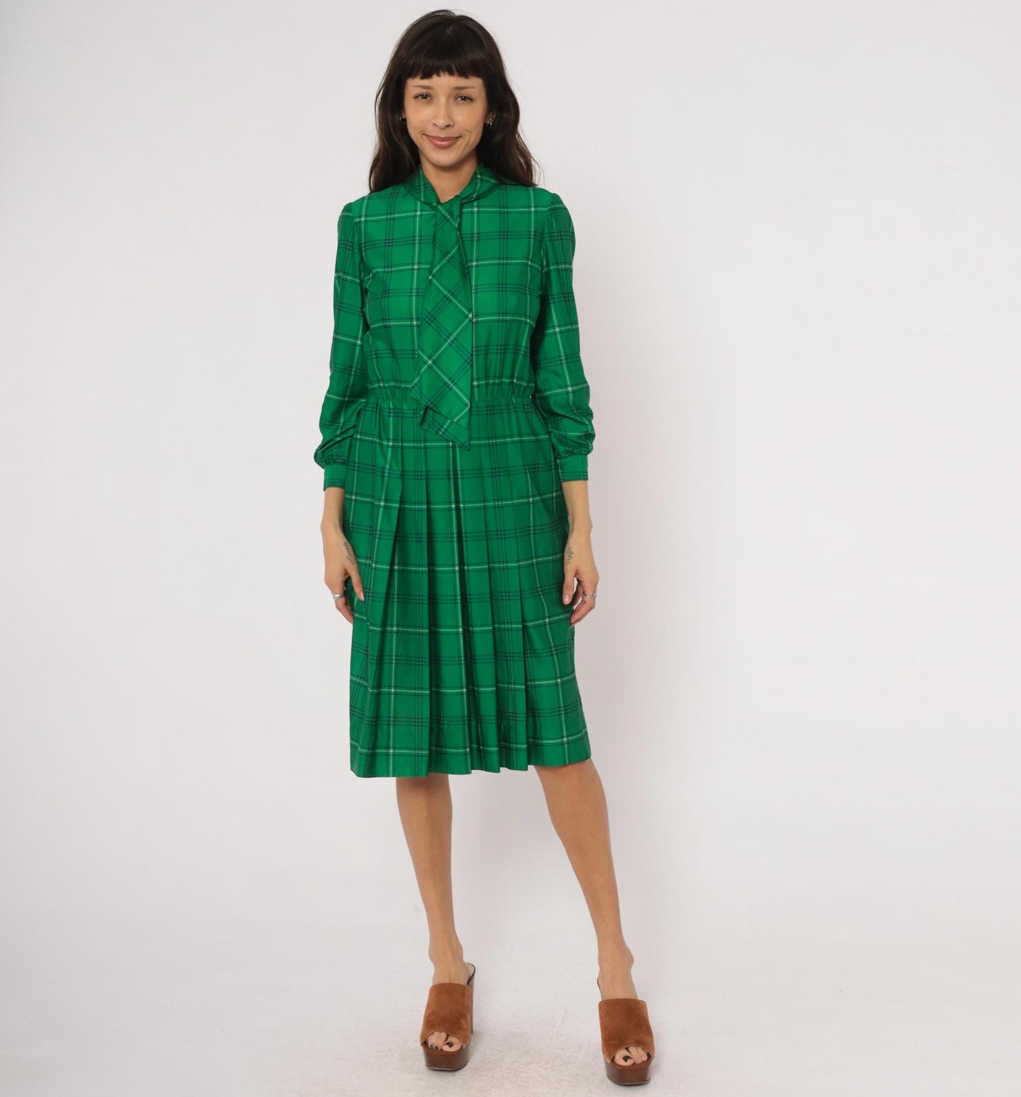 70s Nat Kap Lan Emerald Plaid Dress Pussy Bow Knee-Length Medium M