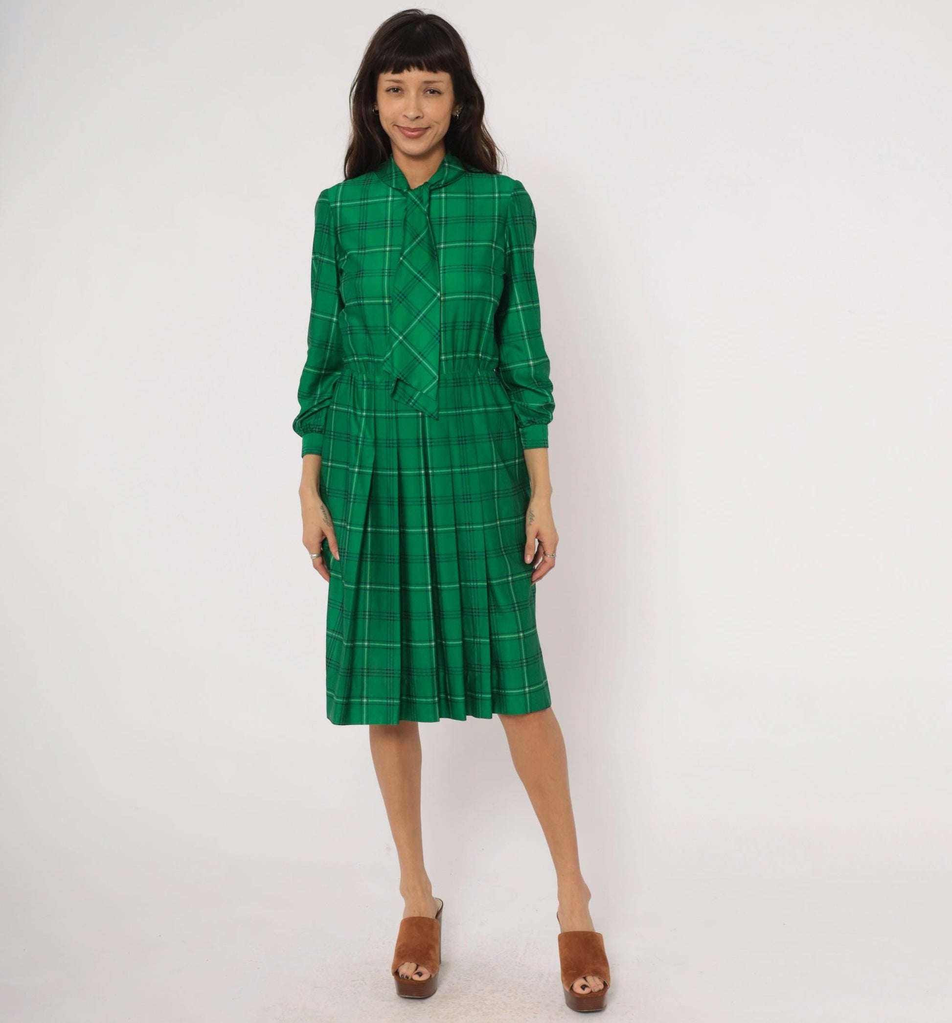 70s Nat Kap Lan Emerald Plaid Dress Pussy Bow Knee-Length Medium M